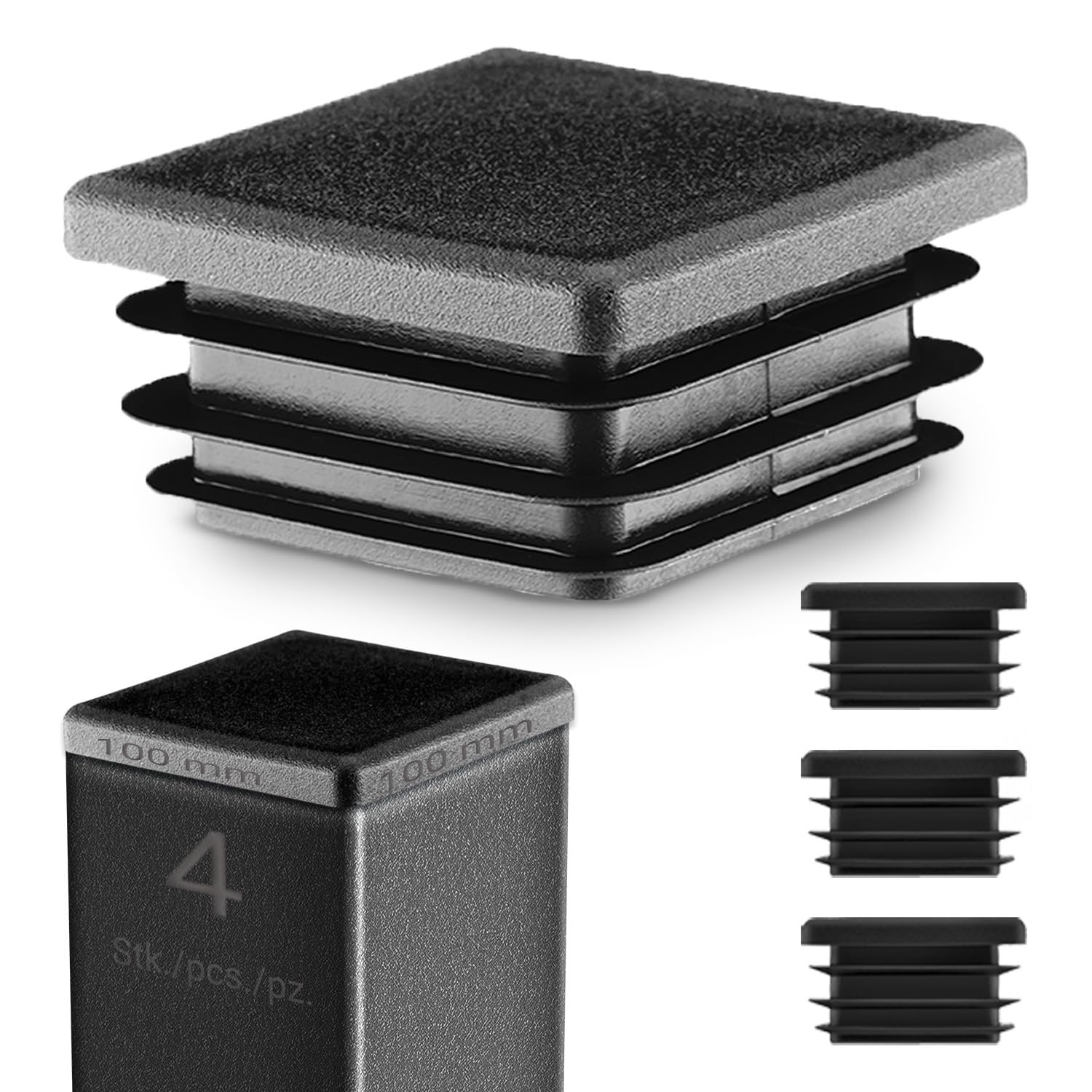 Emfa Black Square End Caps 100X100 Mm – Plastic Tube Inserts For Steel Box Section – Tube Plugs – 4 Pcs