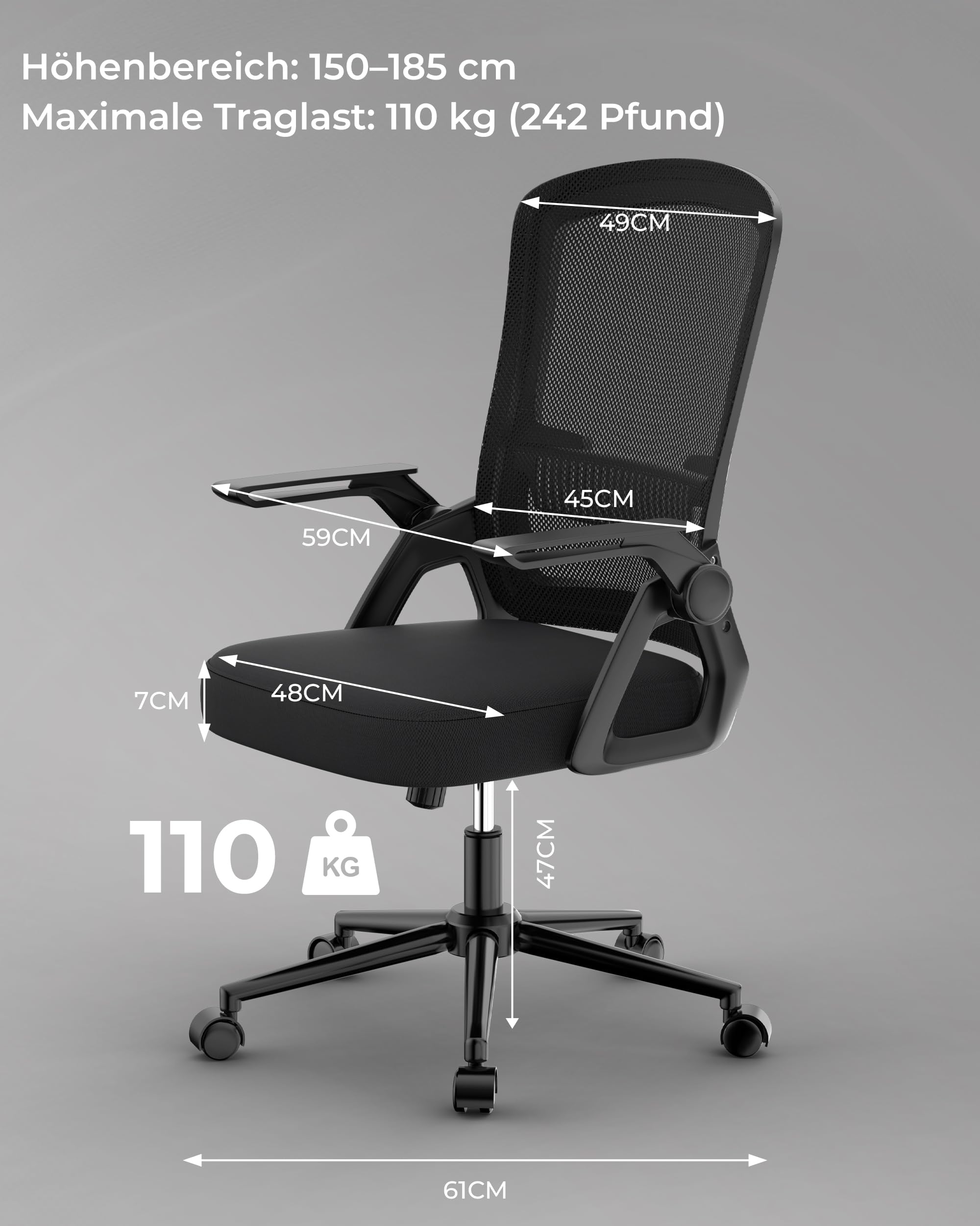 rattantree Schreibtischstuhl Ergonomischer Schwarz für Zuhause Büro | Bürostuhl mit Verstellbaren Armlehnen, Drehstuhl mit Netzbespannung, Lordosenstütze, Höhenverstellbarer, Wippfunktion