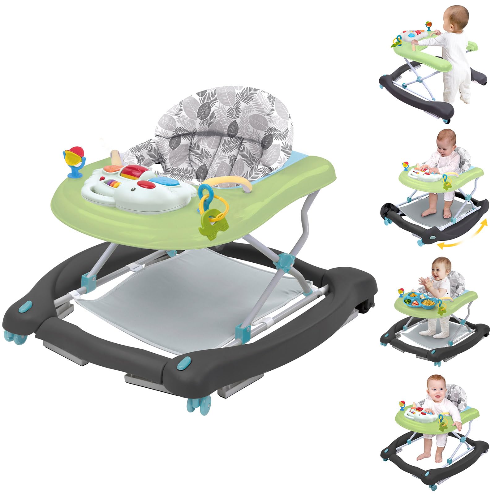 5 in 1 Foldable Baby Walker, Activity Baby Walker-Baby Bouncer, Rocker, Activity Center,Seat and Push Walker,Detachable Trampoline Mat, Adjustable