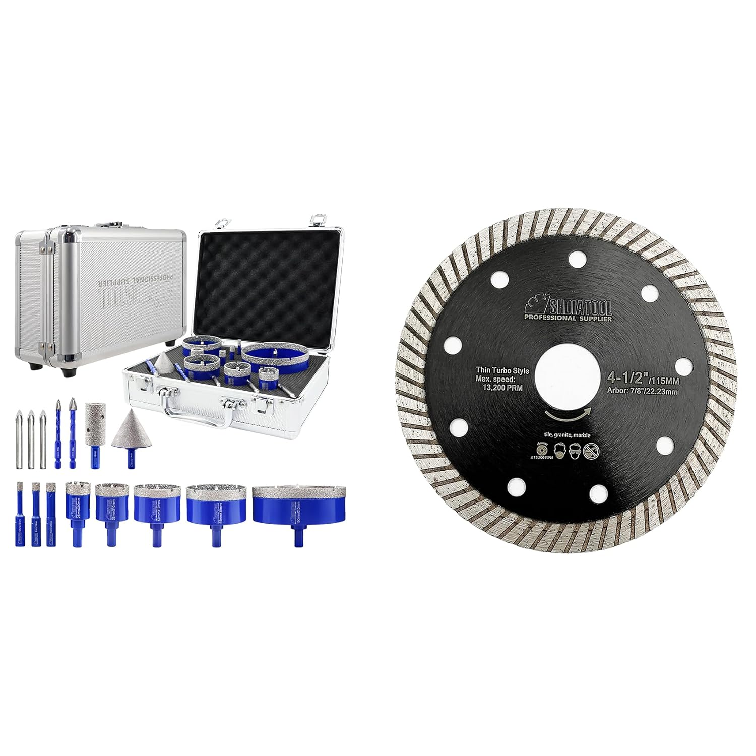 SHDIATOOL Tile Diamond Drill Bits Kit, Porcelain Hole Saw Sets, Ceramic Core Bits Cutter Drilling for Stone Marble Granite 15pcs(6/8/10/25/35/50/65/100MM/20MM/2/6/8MM)