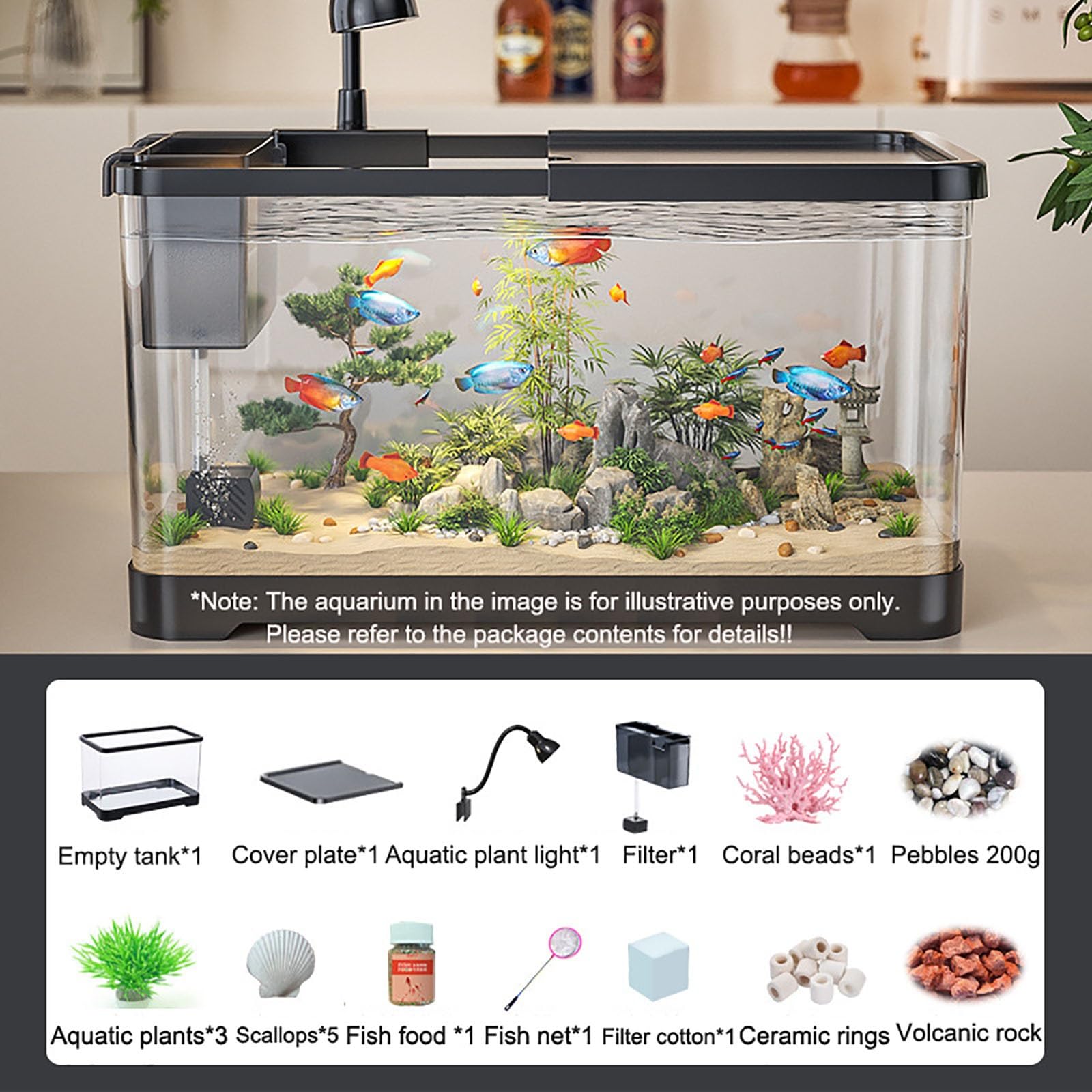 Starter Kit Acquario - Installazione completa con filtro e luci LED, ideale per principianti, acquario autopulente per una manutenzione senza sforzo