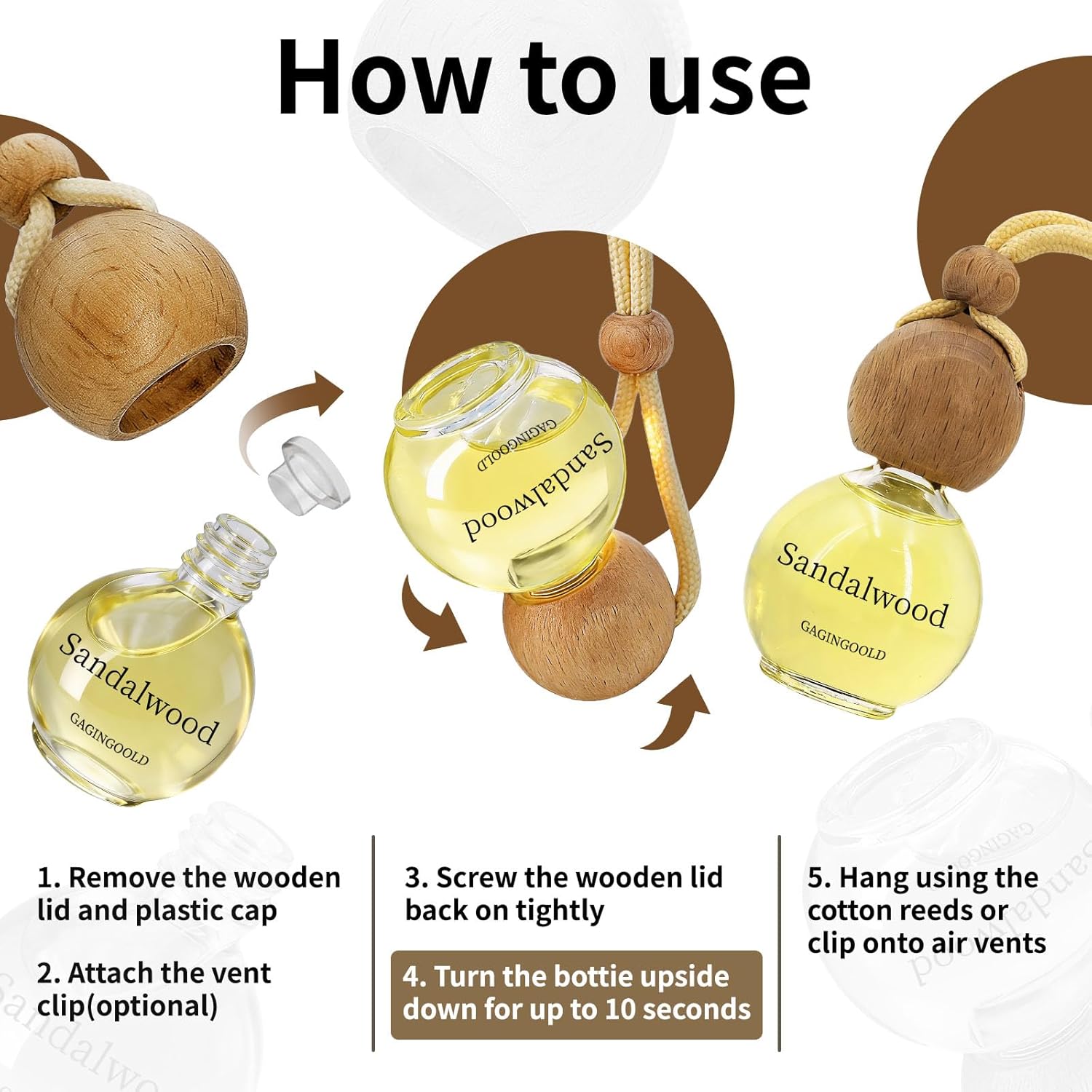 Car Air Freshener Hanging 2 Pack, Sandalwood Scent Essential Oil Diffuser Long Lasting Up to 150 Days, Cute Car Accessories with 2 Vent Clip for Women Men Gift, Odor Eliminator - Image 6