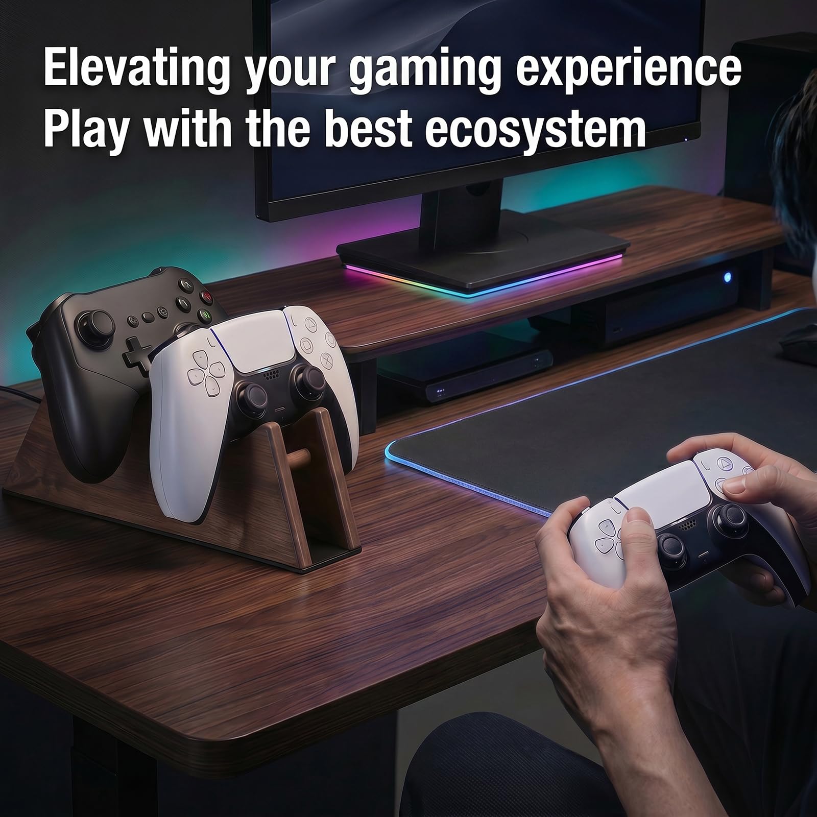 Supporto per controller in legno massello, doppio supporto per controller da gioco, per Xbox Series X/S, Xbox One, PS5, Switch Pro, regalo per giocatori da uomo