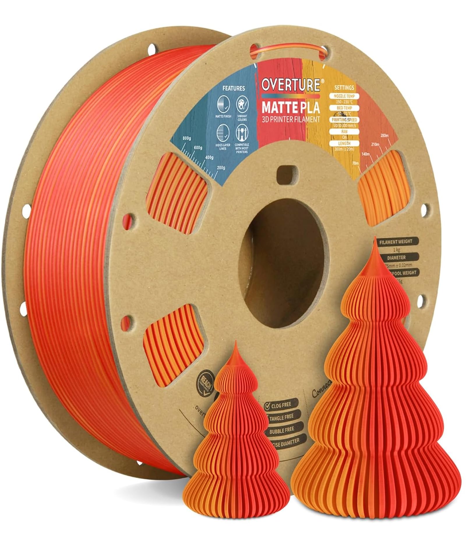 OVERTURE Dual Color Matte PLA 3D Printer Filament 1.75mm, Matte PLA 1kg Cardboard Spool (2.2lbs), Dimensional Accuracy +/- 0.02 mm (Matte Orange-Red)