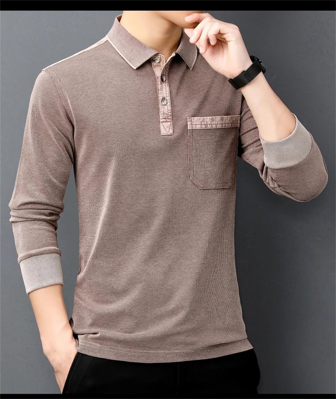 Men Lapel Solid Polo Shirt Long Sleeve Button Business Casual Pullover Shirts Top Spring