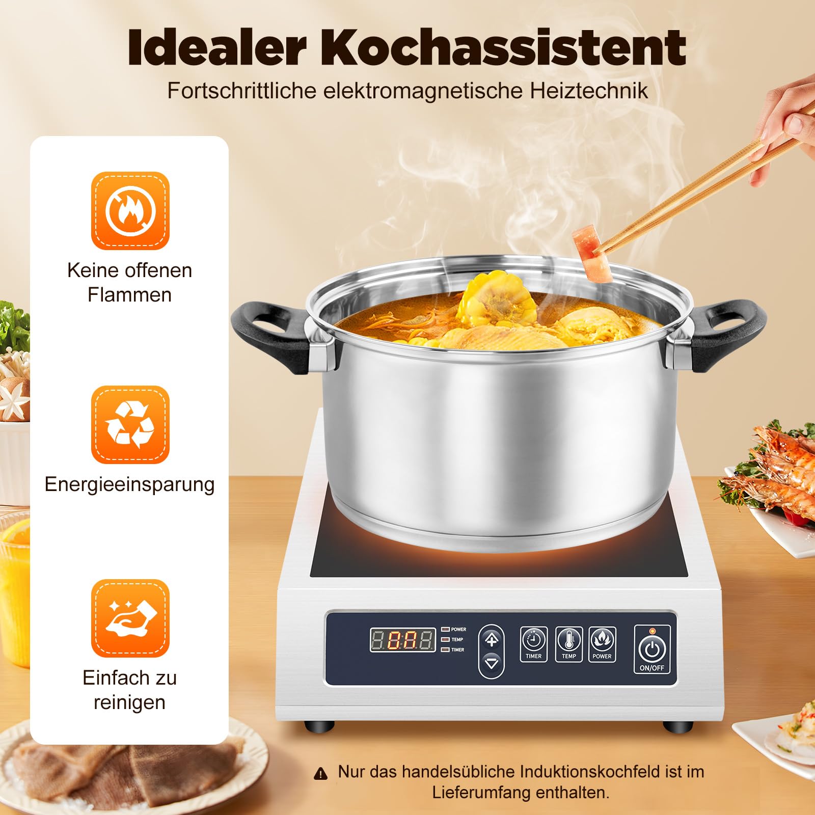 Induktionskochplatte, Induktionskochfeld 1 Platte 3500W, 35cm Kochplatte, Elektro-Induktionsherd mit 10-Temperaturgetriebe, 11-Leistungsgetriebe und 24H-Heizzeiteinstellung, Tasten-Steuerung