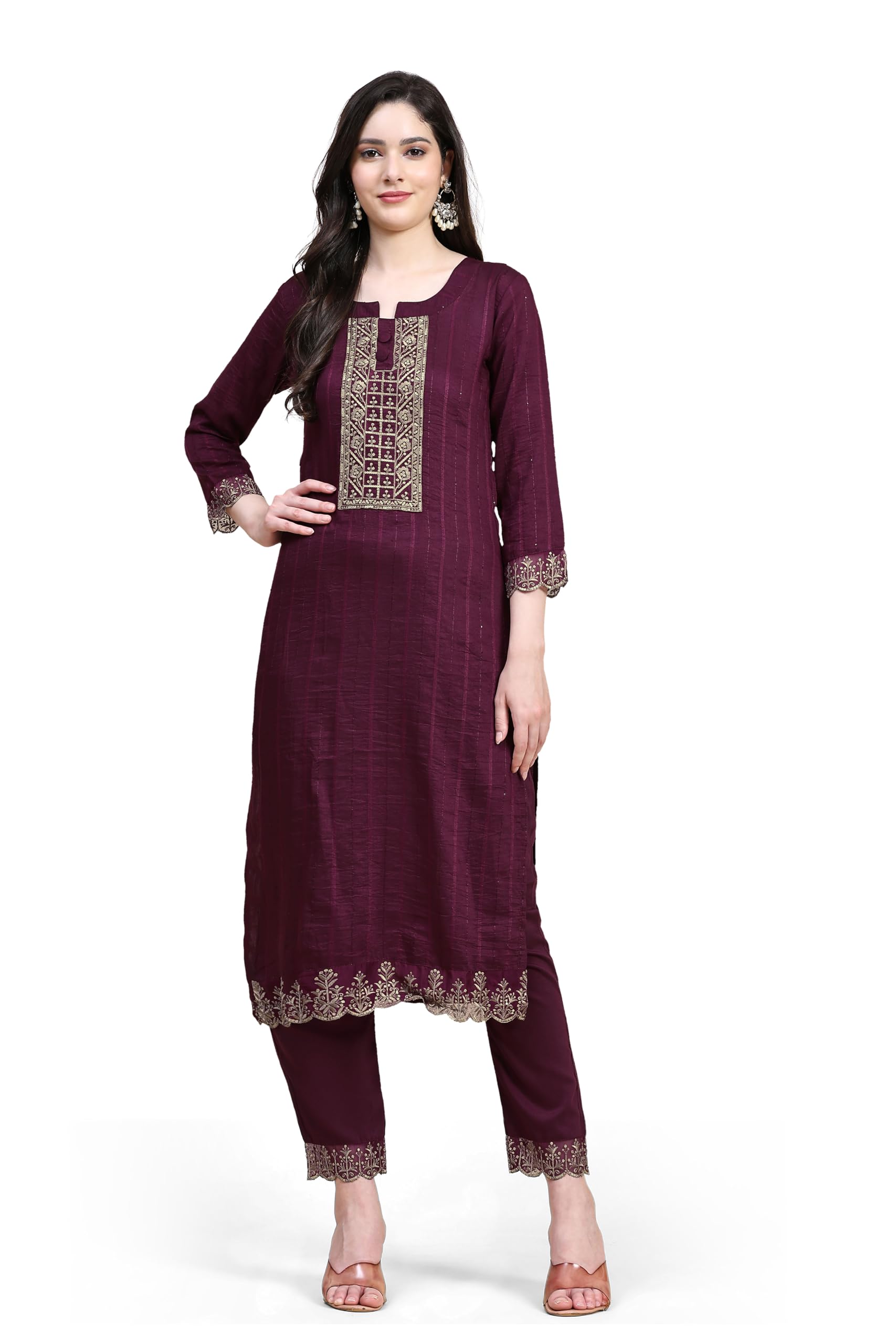 Trendmalls Damen Baumwolle Stickerei Salwar Anzug Set Kurta Hose mit Dupatta Lila Kurta Set für Frauen