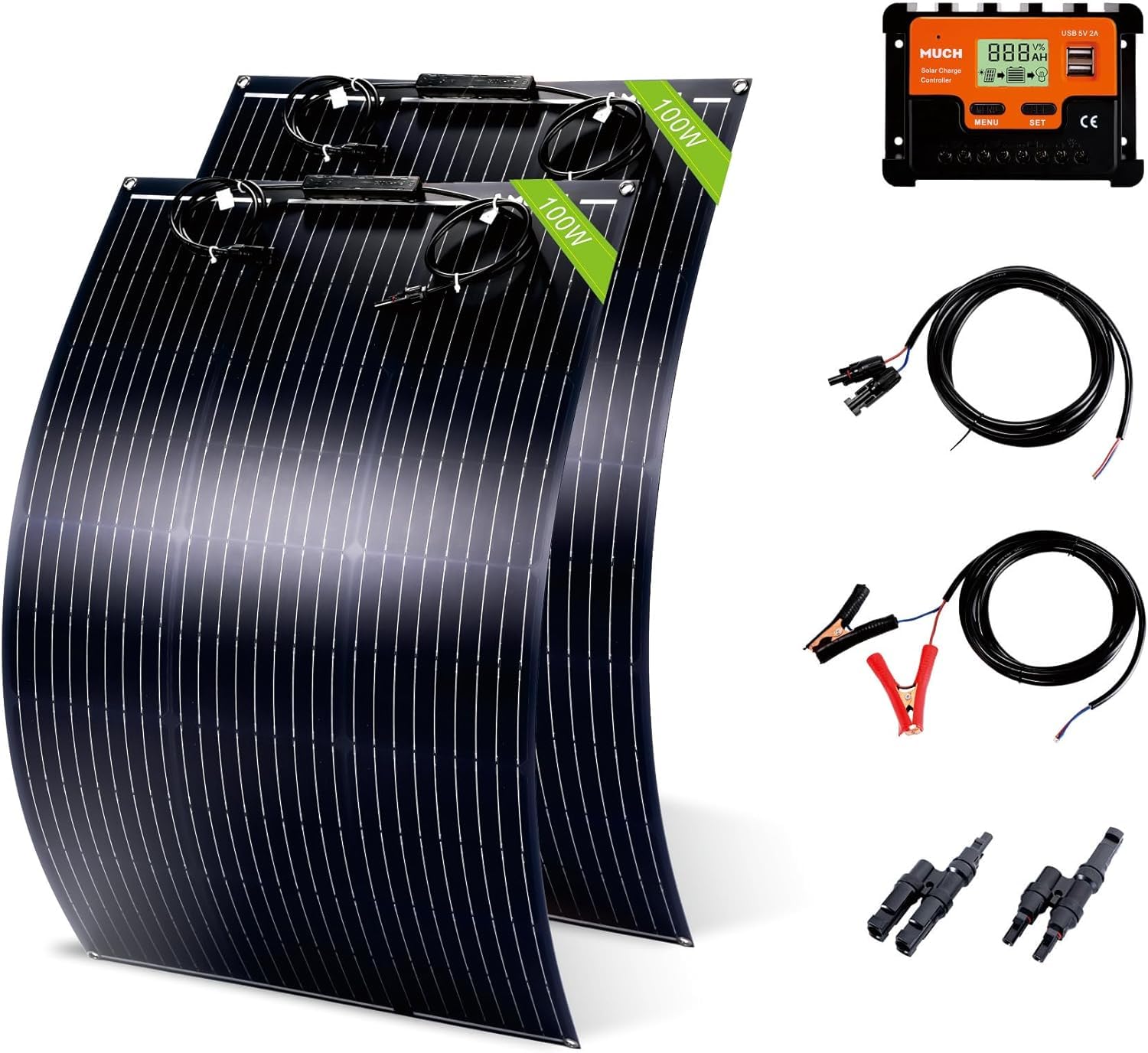 Photo 1 of 200W Flexible Solar Panel Kit, Lightweight Monocrystalline Ultra-Flexible Bendable Mono Off-Grid Charger with 30A Charge Controlle for 12-24V Battery Charging Car Battery Camping Stuff (2 * 100W)