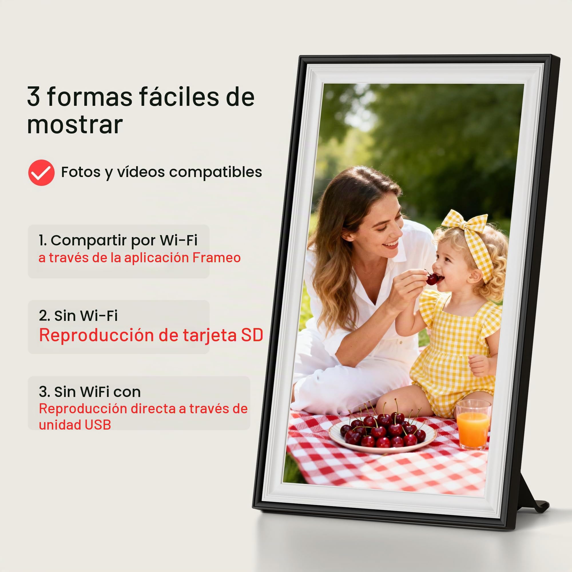 Marco de fotos digital Frameo de 64 GB de 15.6 pulgadas, WiFi, negro y blanco, pantalla táctil FHD IPS de 1920 x 1080P, marcos de fotos electrónicos grandes, rotación automática, montaje en pared