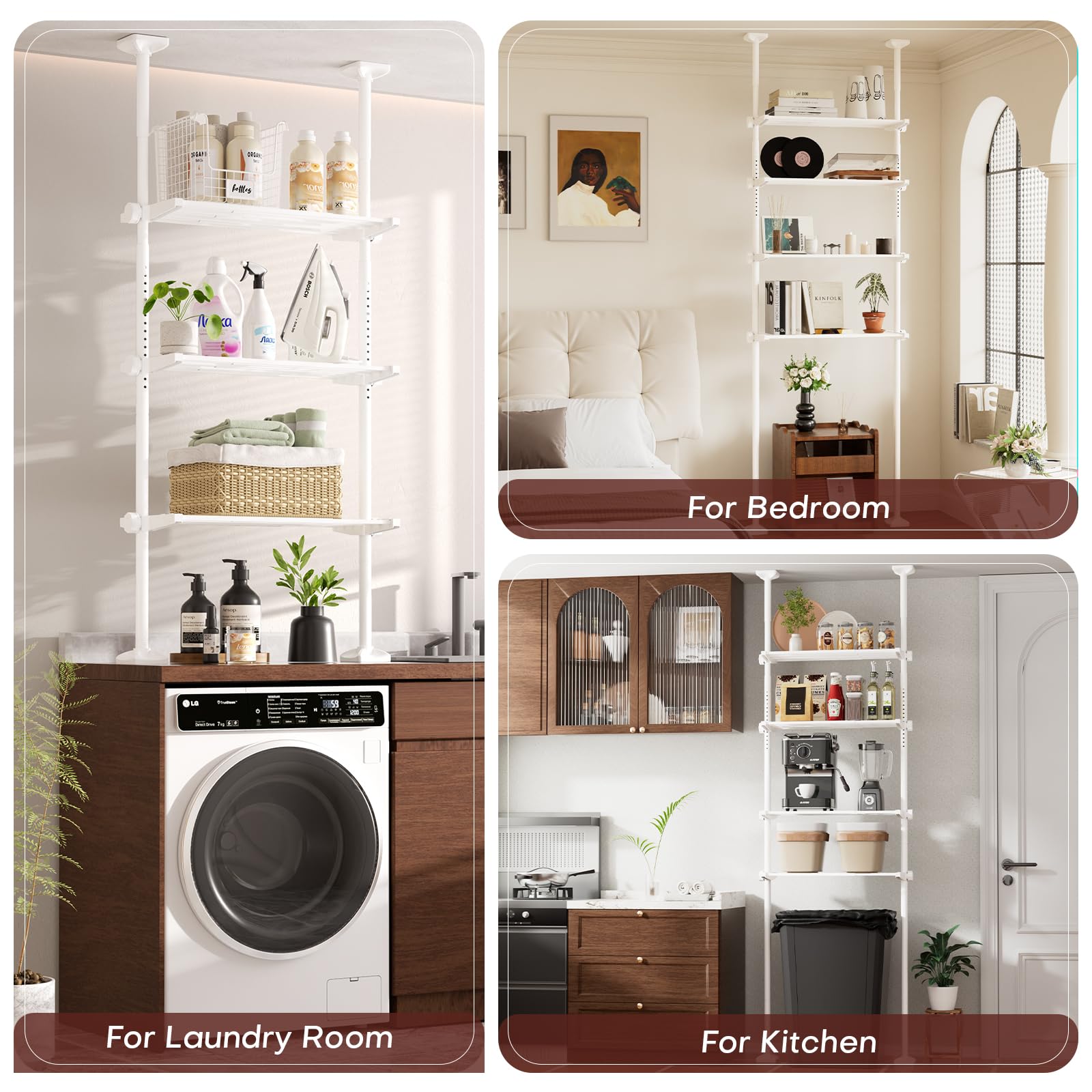 Yeabett Toilettenregal 4 Ebenen, Höhe 163–315 cm, Breite 39–69 cm, Waschmaschinen Überbauregal über Toilette, Vielseitiger Badezimmer Organizer für Bad, Küche, Wohnzimmer, Waschküche, Weiß
