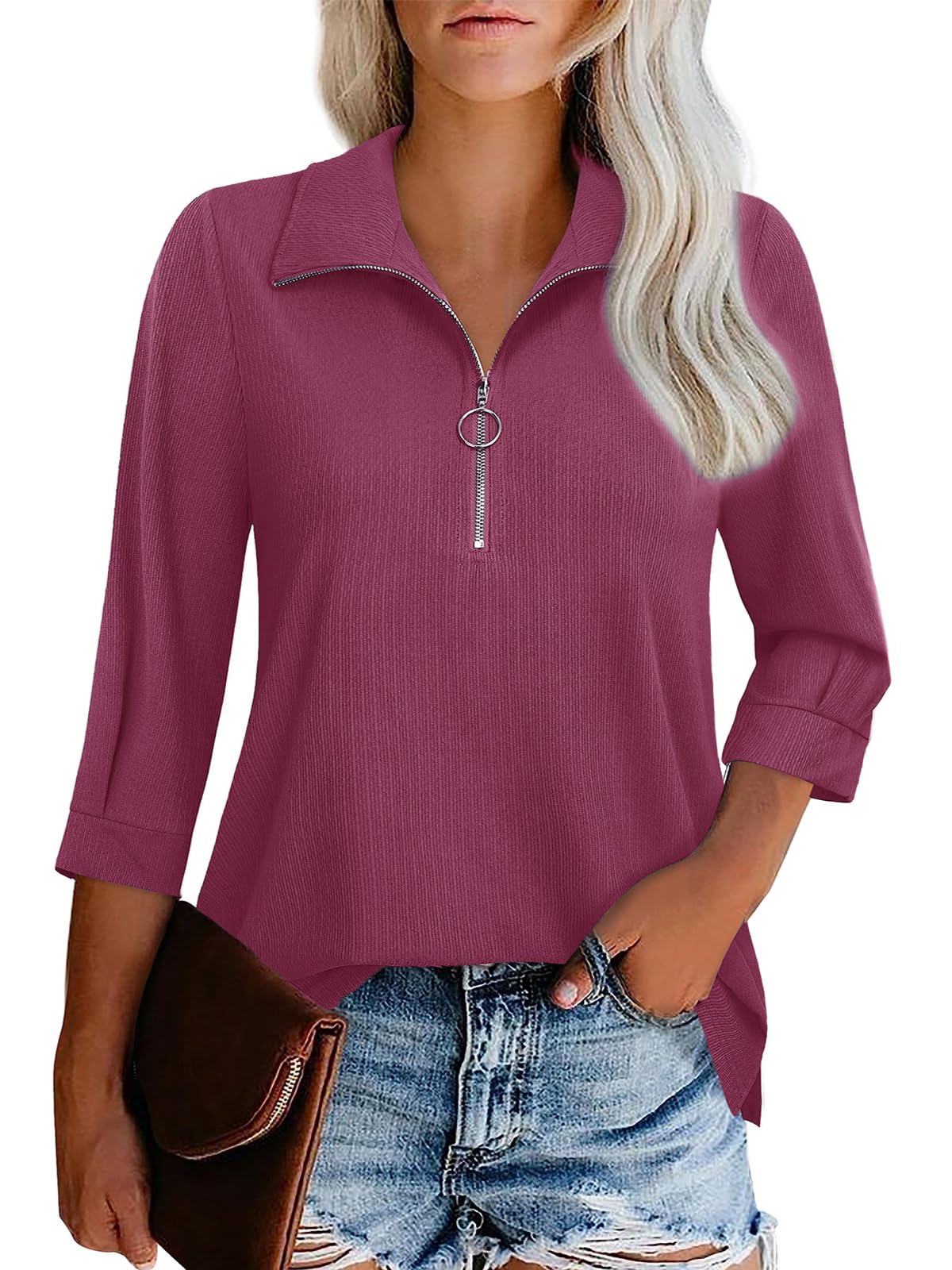 GEMLON3/4 Length Sleeve Womens Tops V Neck Dressy Blouses Casual Tops Zipper Collar Polo Shirts