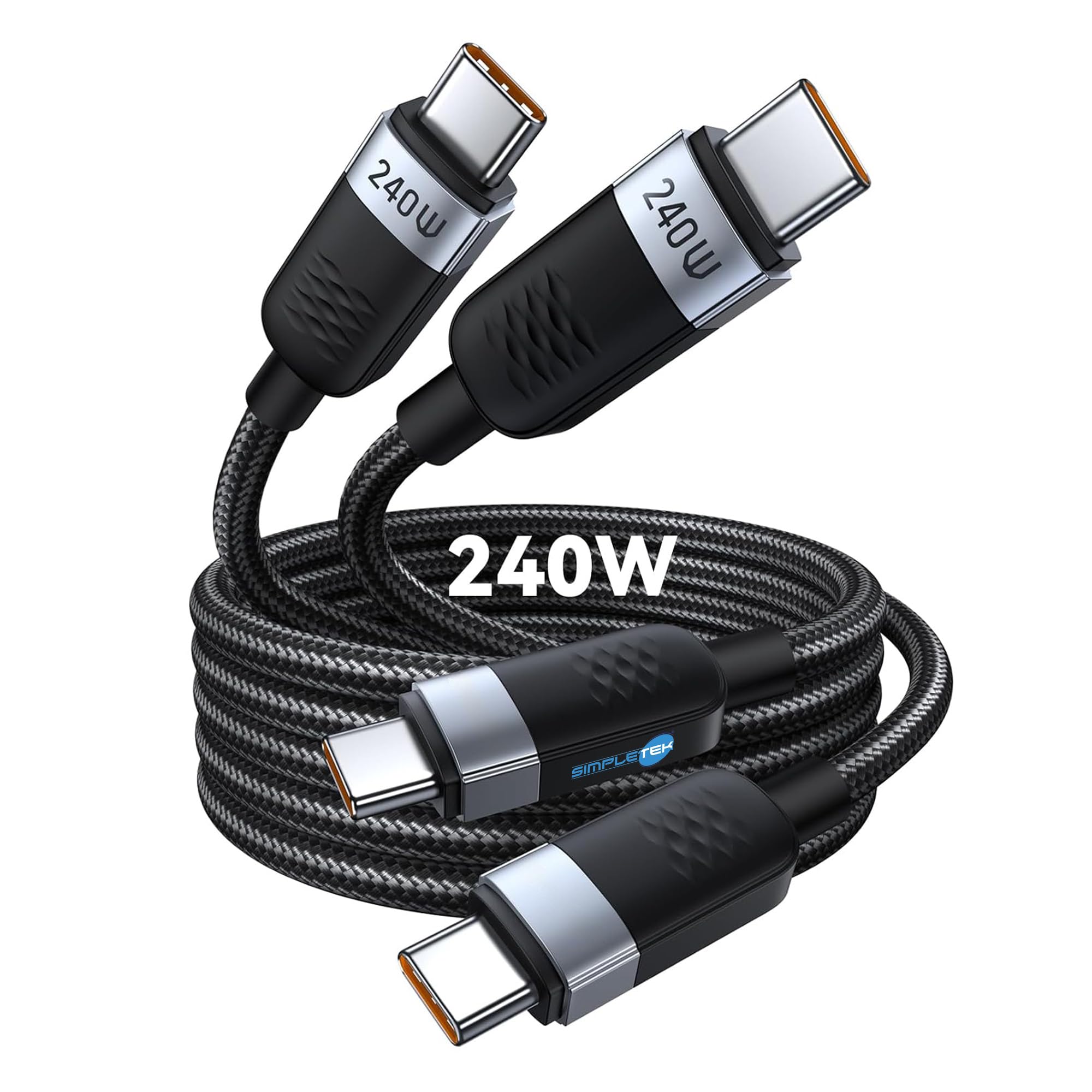SIMPLETEK - Kit 2 Kabel USB-C auf USB-C 240W 2m PD 3.1 Nylon E-Mark | 2 Stück 2m USB-C auf USB-C Kabel mit Schnellladeunterstützung bis zu 240W PD 3.1, Nylonmantel und sicherem E-Mark-Chip
