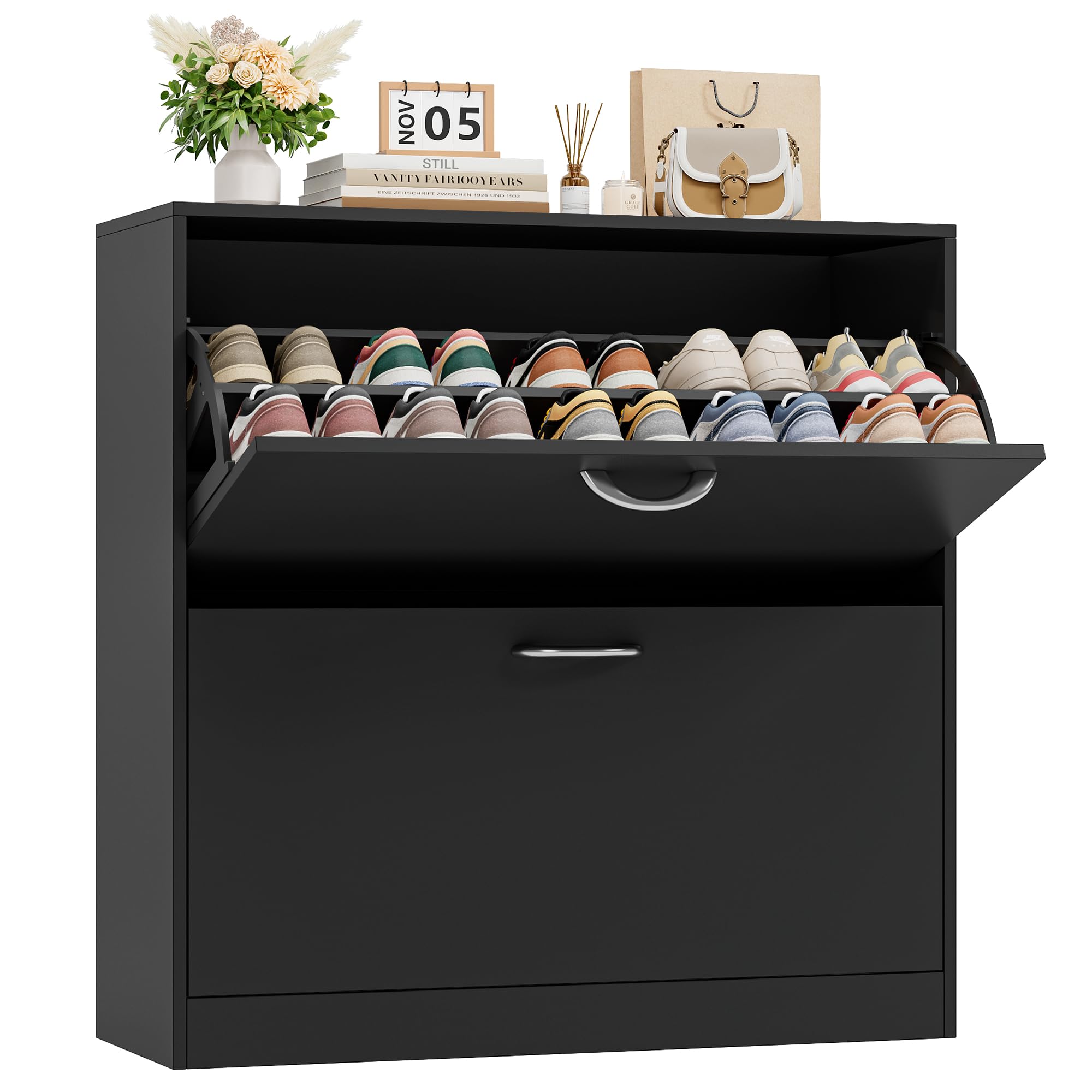 FirFurd Schuhschrank schwarz mit Schuhkipper für 8-16 Parre, Schuhregal platzsparend für Schuhaufbewahrung schmaler Schuhschrank 80cm breit für Diele, Flur, Eingang 80x80x23,5cm