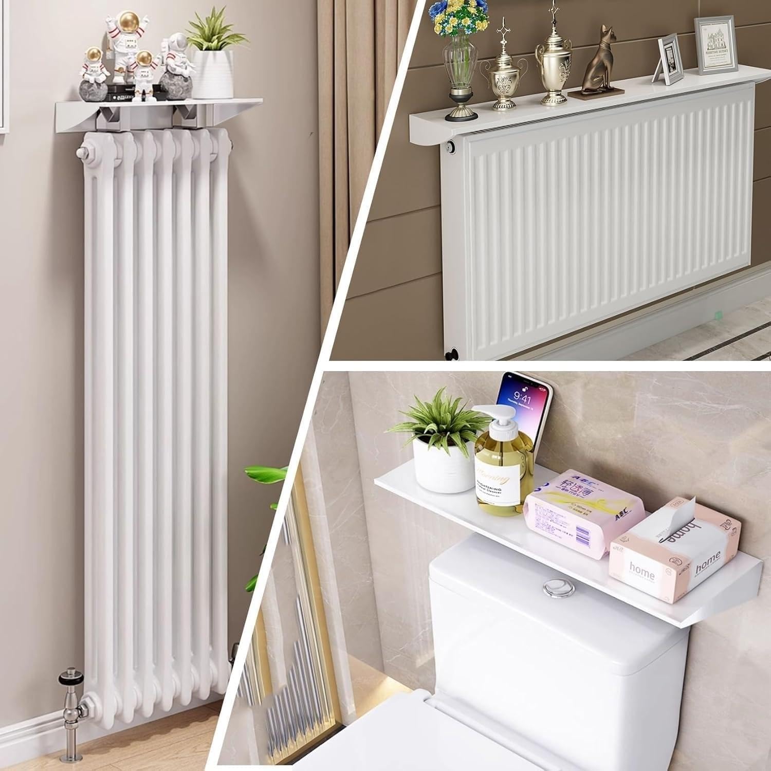 Cubre Radiadores A Prueba De Polvo Y Antihumo,Balda Radiador 15 Cm De Aluminio Blanco, Cubreradiador Sin Agujeros con Soporte Fácil De Instalar,Ofrece Espacio De Almacenamiento Pasillo 70cm
