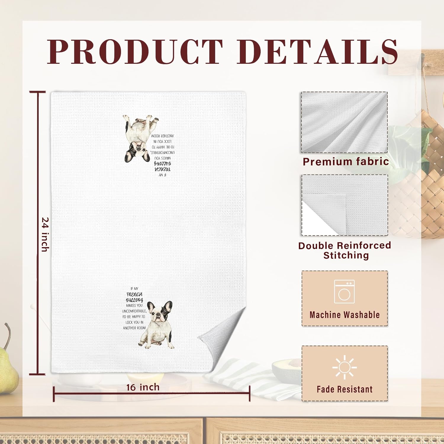 Funny French Bulldog Kitchen Dish Towels, Frenchie Gifts for Women, Gifts for French Bulldog Lovers Decorative Hand Tea Towels for Bathroom, 16x24 Inch - Image 7