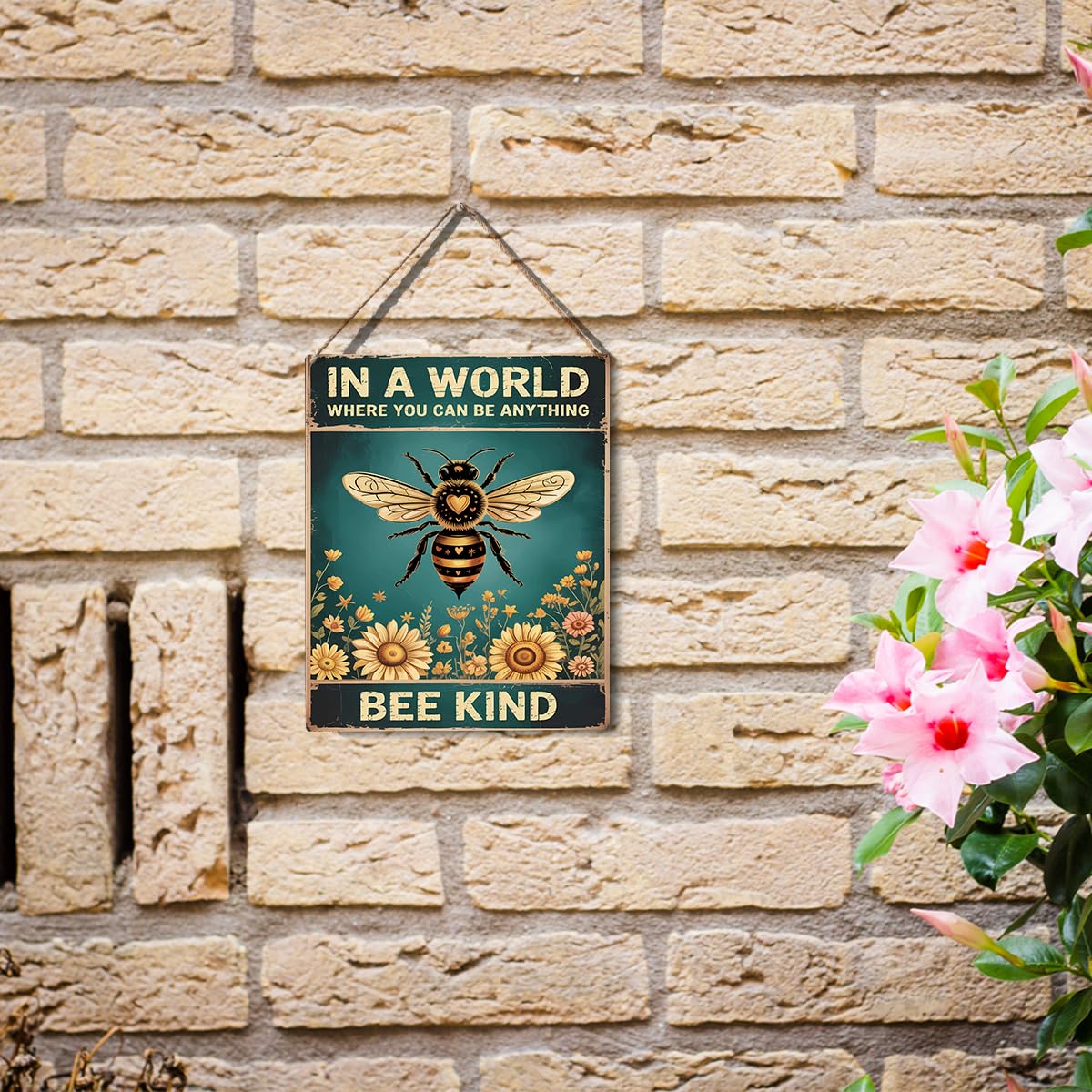 Inspirational Bee Sign - "In A World Where You Can Be Anything Bee Kind" with Floral Background - Motivational Wall Decor Plaque (6.7 x 10 Inches) - 4