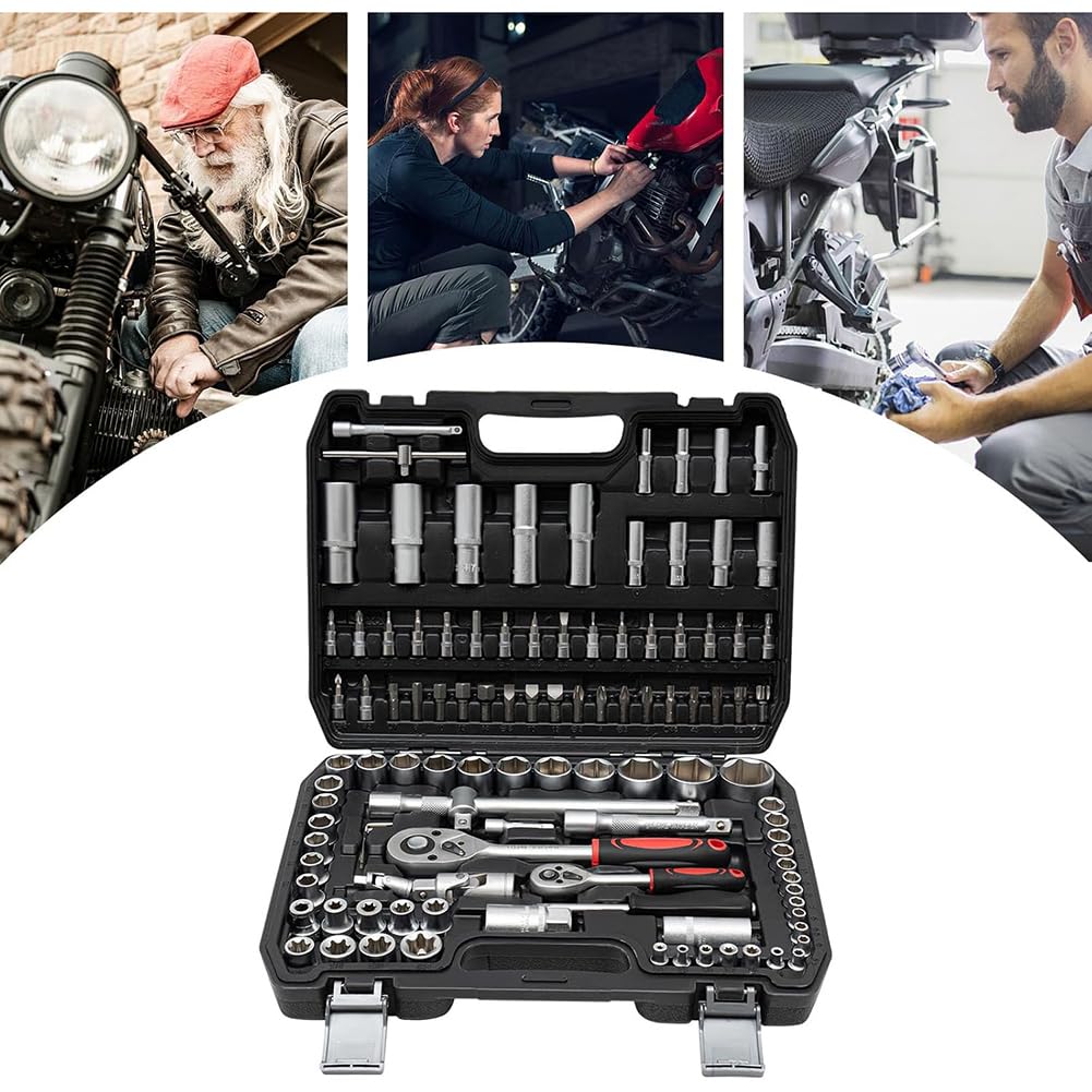 Set di chiavi a bussola, 108 pezzi, metriche da 1/4 e 1/2, cricchetto reversibile a sgancio rapido per riparazione auto, cassetta degli attrezzi in plastica