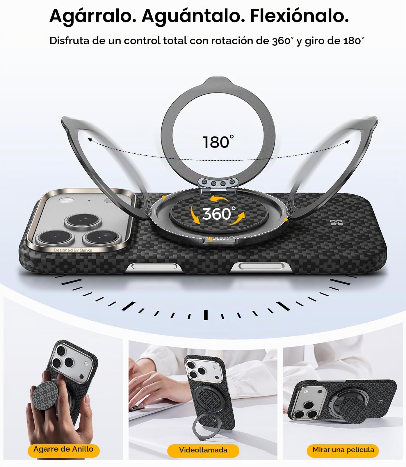 BENKS Soporte y Agarre Magnético para MagSafe – Anillo 360° Rotación de Fibra de Aramida, Liviano y Resistente, Compatible con iPhone 17/16/15/14/13 Pro MAX y MagSafe Fundas