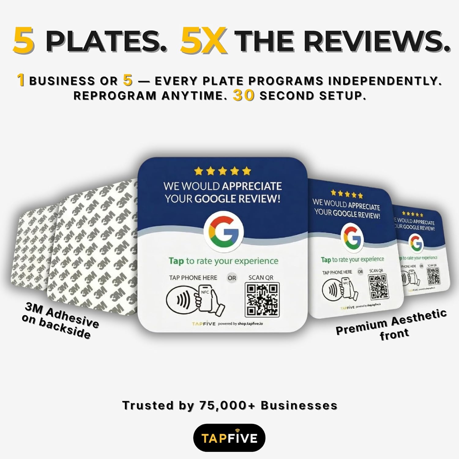 Tap Google Review Plate (5-Pack) by TapFive - Tap for Instant Reviews - All Phones Compatible - Reusable Smart Tap NFC & QR - 4"x 4" - DigiFeel & Zappy Fast - Mount Anywhere 3M Adhesive (5 Plates)