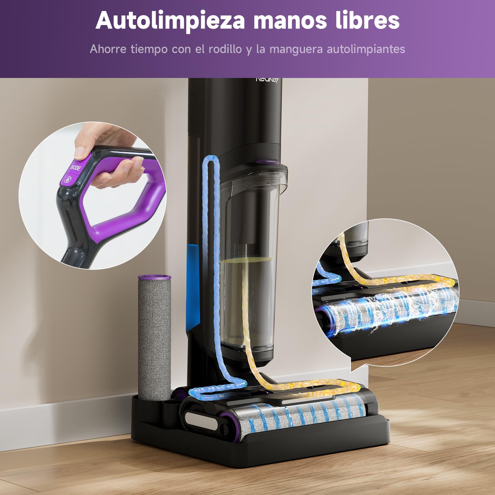 W15 Aspiradora Sin Cable Inteligente 3 en 1, Fregona Eléctrica con 45 Min de Autonomía, 65dB, Avance Automático, Limpieza de Bordes, Potente Succión para Pelo de Mascotas en Suelos Duros