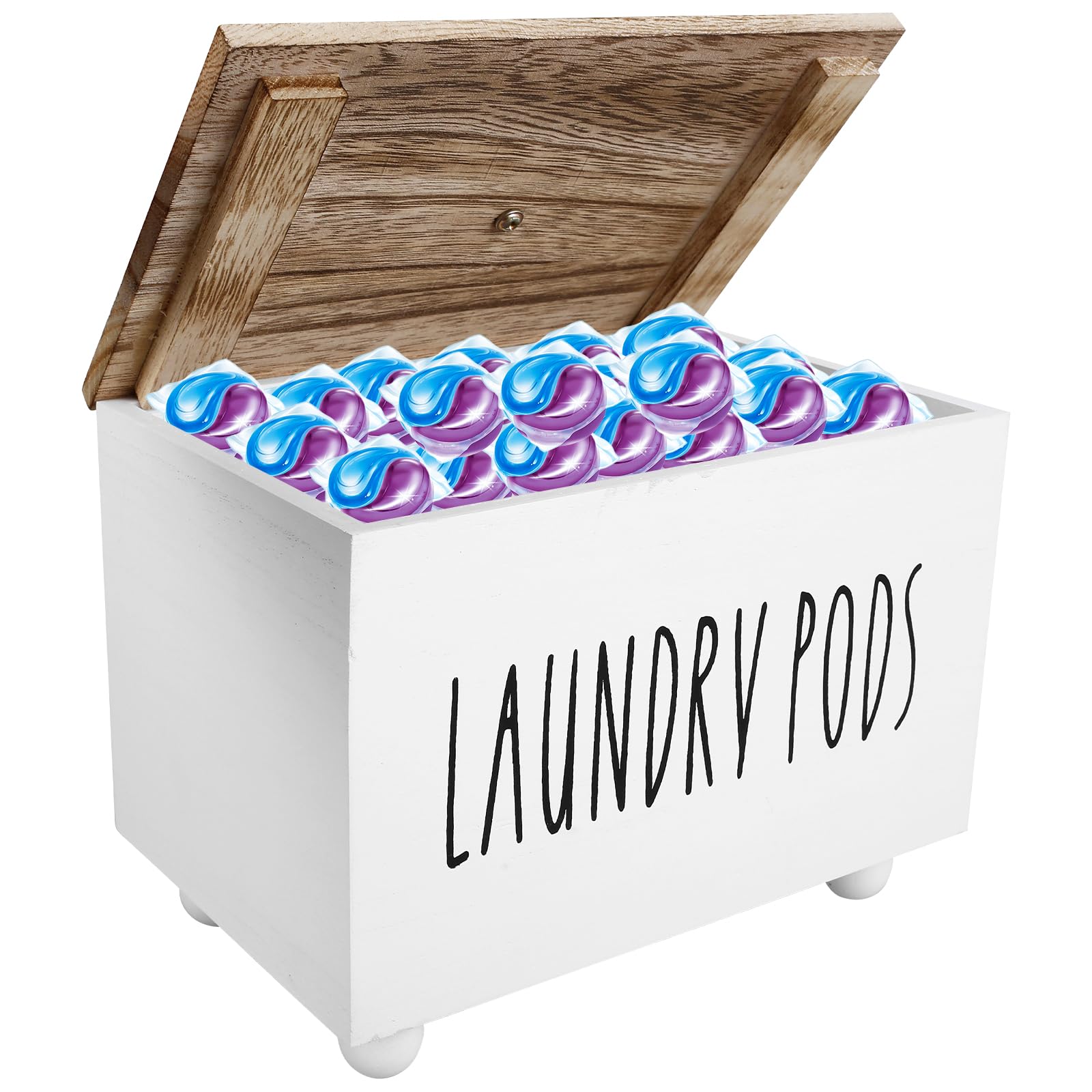 Ktcina White Laundry Pods Storage Container With Lid, Wooden Dishwasher Pod Holder Laundry Storage Containers Laundry Detergent Storage Laundry Pod Container For Washing Pods, Scent Booster(White)