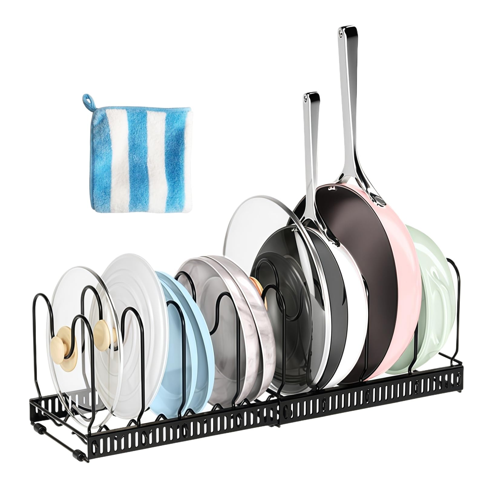 Siocok Expandable Pans Organiser Rack, Expandable Pan Organiser Rack for Cupboard with 10 Dividers Expandable Pot Lid Rack, Multi-Functional Desktop Retractable Pot Lid Rack, with Cleaning Cloth