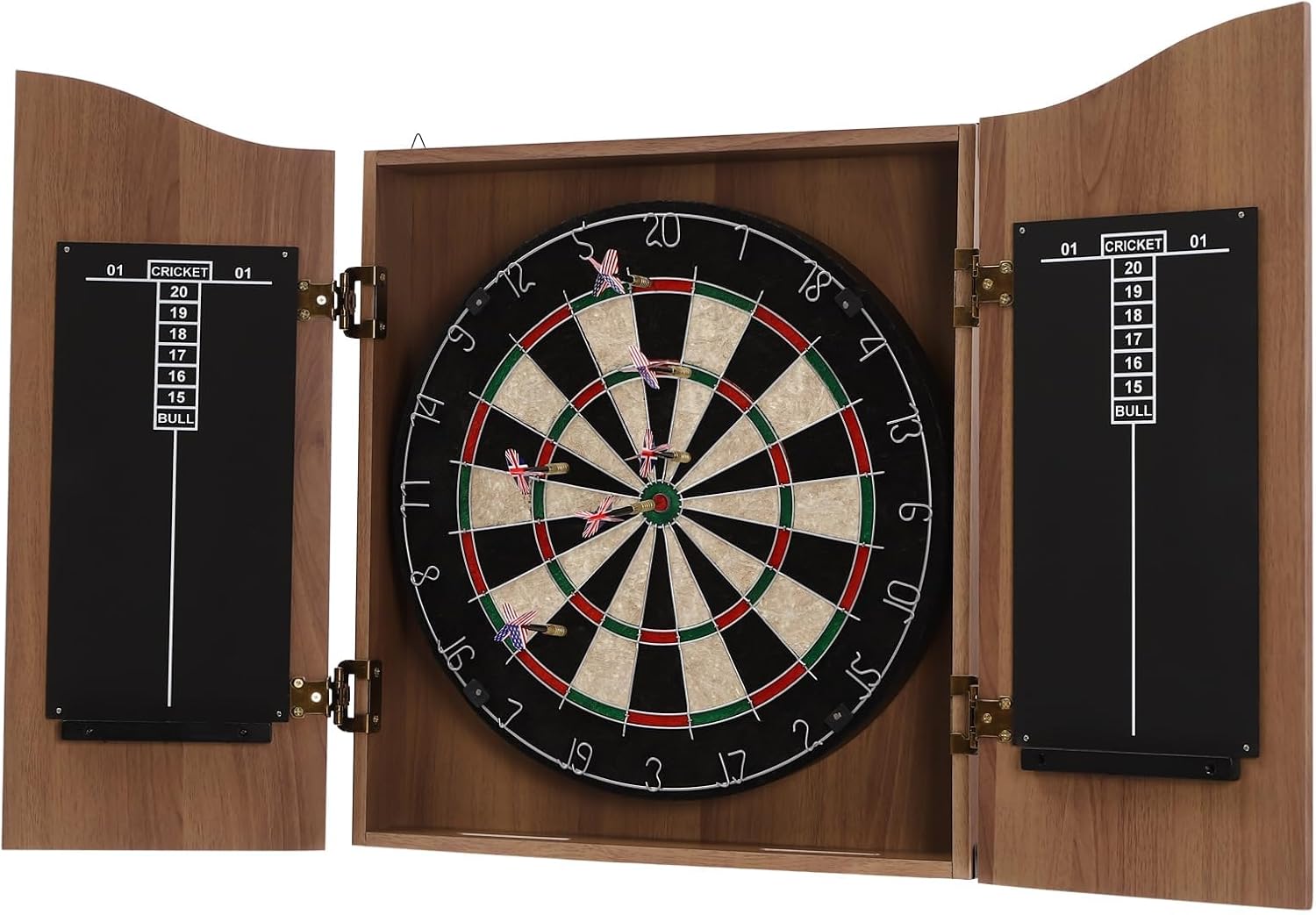 Professional Bristle Dartboard Cabinet Set, Metal Corner Reinforcement, Regulation Steel Tip Dart Boards Set for Adults, Includes 6 Steel Tip Darts and Scoreboards (Brown)