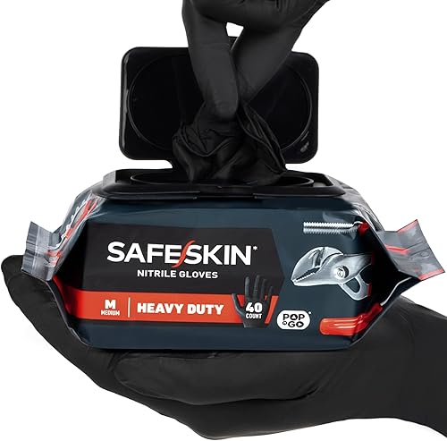 SAFESKIN * - Guantes desechables de nitrilo en envase POP-N-GO*, alta resistencia, tamaño XL, sin polvo, color negro, para fontanería, jardinería,