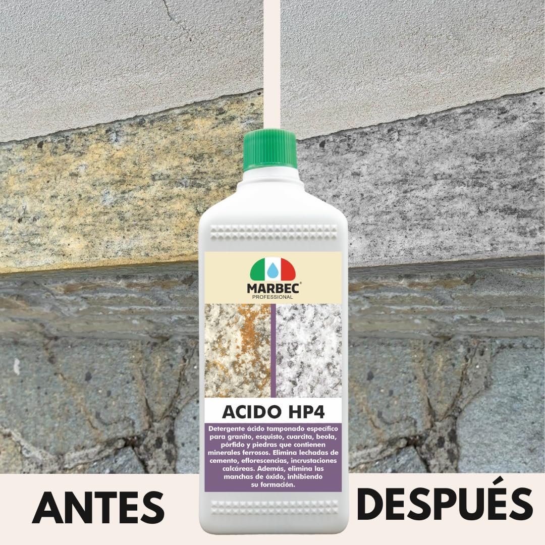 MARBEC ACIDO HP4 5LT Desincrustante específico para suelos de granito, cuarcita, pórfido y piedras con minerales ferrosos.