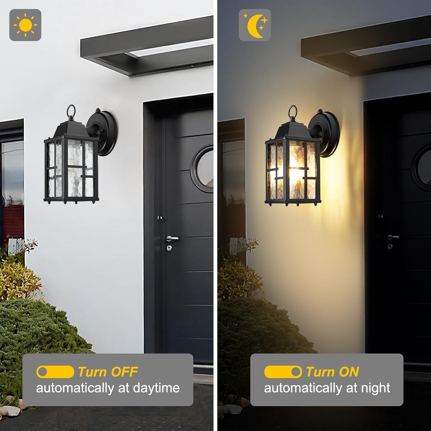 okeli dusk to dawn outdoor wall lights, exterior waterproof lantern, front porch sconce lighting with water ripple glass shade, anti-rust wall lamps outside lights for garage (black-size-s-2pack) black-2pack 9.3"