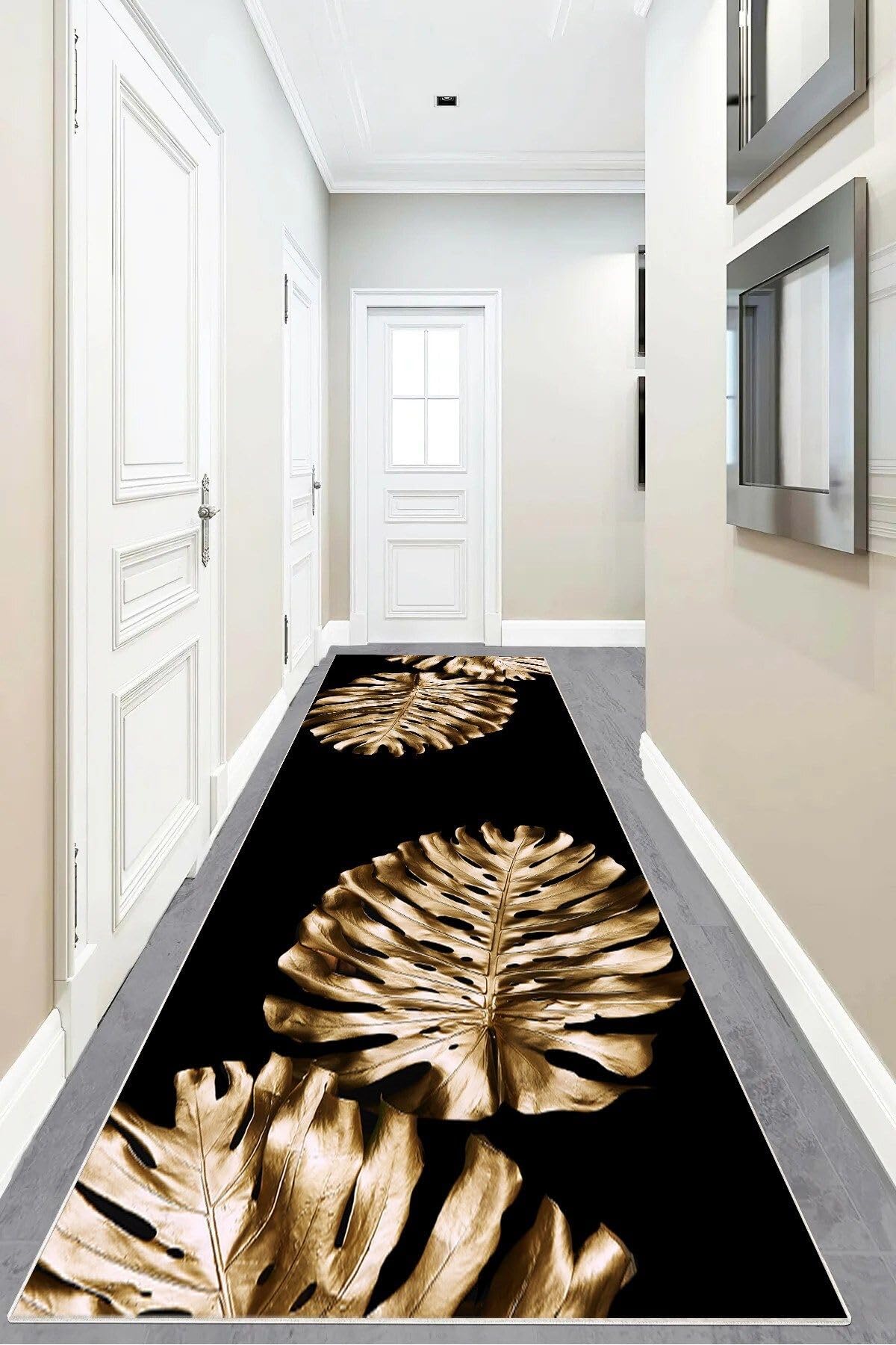 Pelangi Gold Yaprak Desenli Dijital Baskı Yıkanabilir Kaymaz Taban Salon Halısı ve Yolluk, Siyah 40 x 40, 955425640407