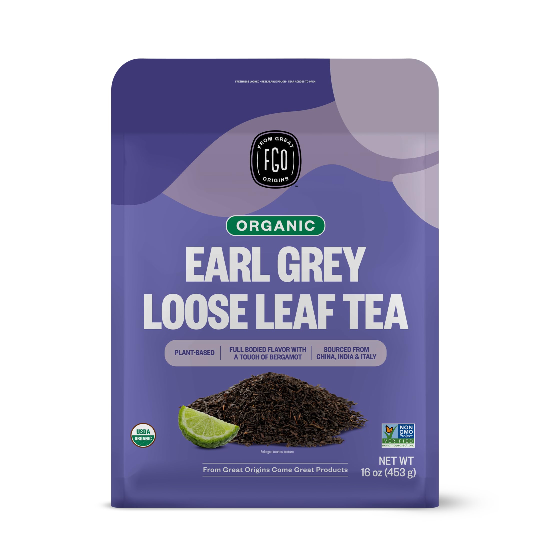 FGO Organic Earl Grey Black Tea, 16 Ounce Loose Leaf Bulk Resealable Bag, 16oz, Packaging May Vary (Pack of 1)