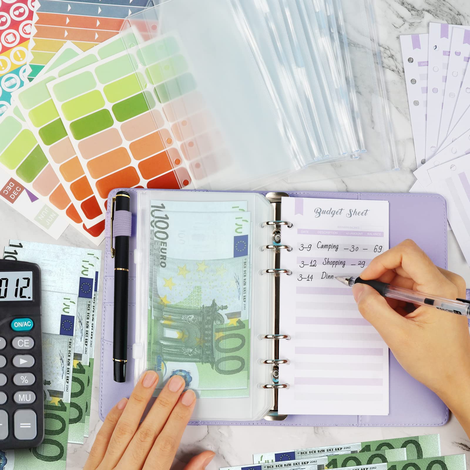 Budgetplanner, Duitse budgetbinder, A6, volledig Duits design, geldorganizer, spaarboek met folies voor financiële planner, budget, besparen, map, cash stuffing, startset (paars