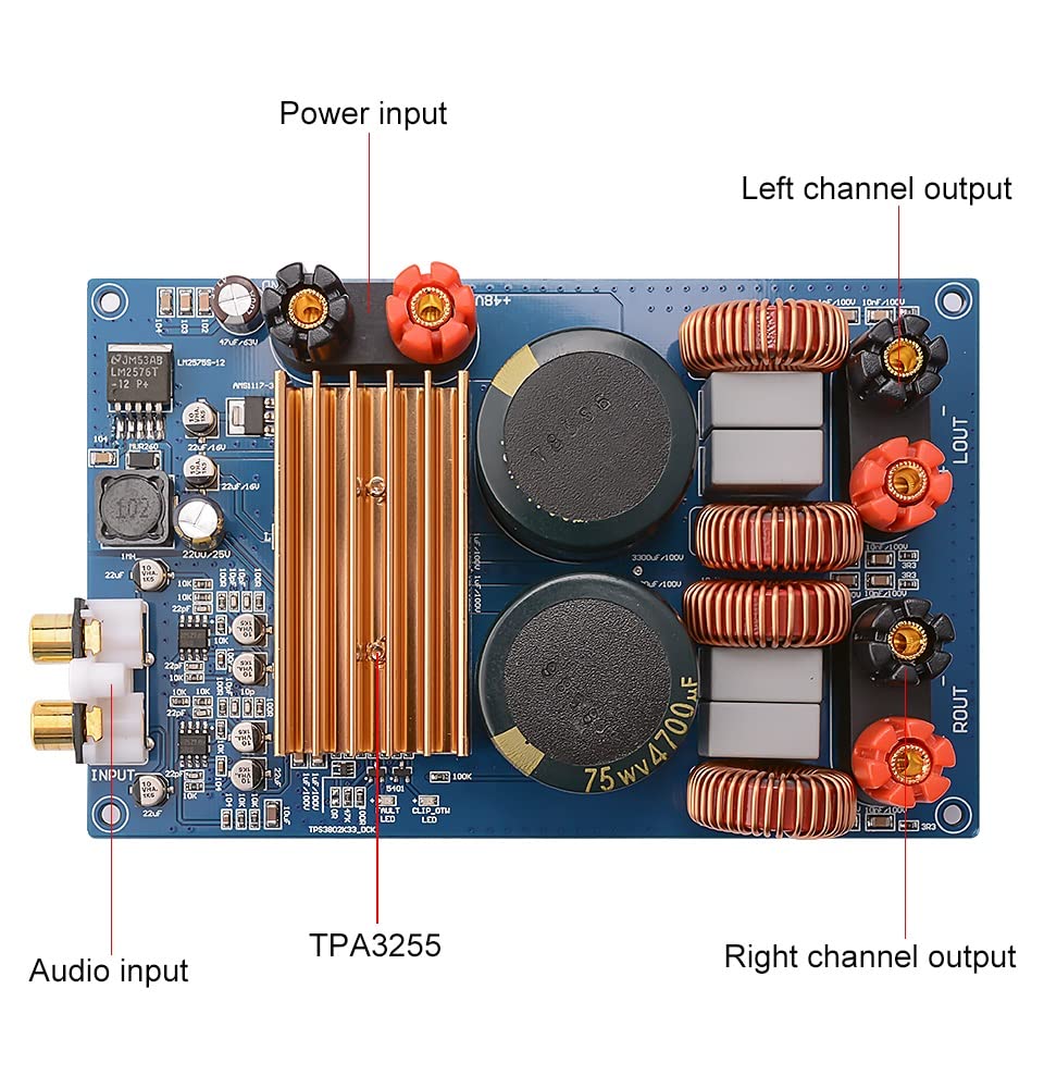 DLOETT-Amplificateur numérique 300 W x 2 Classe D, carte audio, amplificateur de son de puissance stéréo HiFi, mini amplificateur pour cinéma maison DC48 V