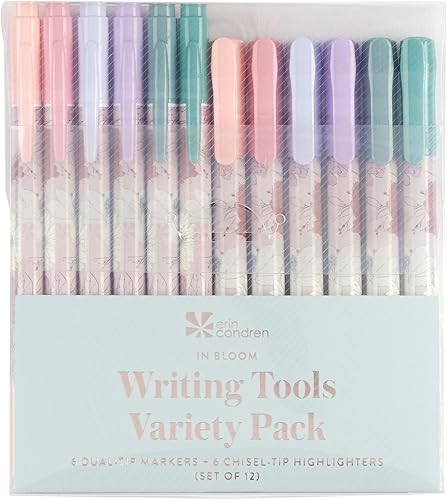 Erin Condren Paquete de herramientas de escritura variadas, paquete de 12 resaltadores Bloom y marcadores de doble punta para escribir, codificar
