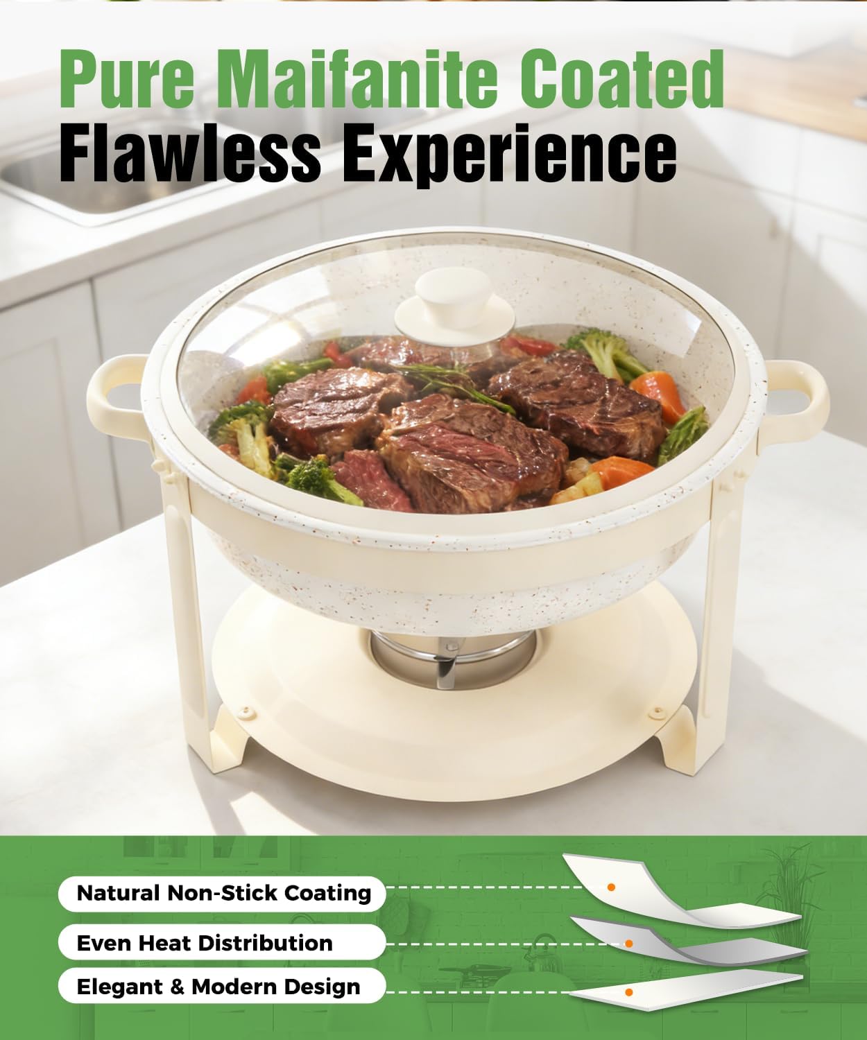 IMACONE Maifanite-Coated Chafing Dishes for Buffet of 4, 6QT White Chafing Dish Buffet Set Stainless Steel Chafer Set, Roll Edge Food Warmers for Parties, Wedding, Birthday, Church Events, Catering