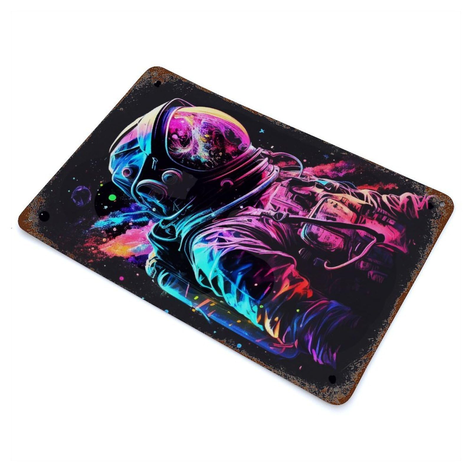 Astronaut Neon Light Color 11.8"x7.9" Aged Metal Wall Plaque, Retro Wall Decor for Farmhouse, Kitchen And Entryway Decor