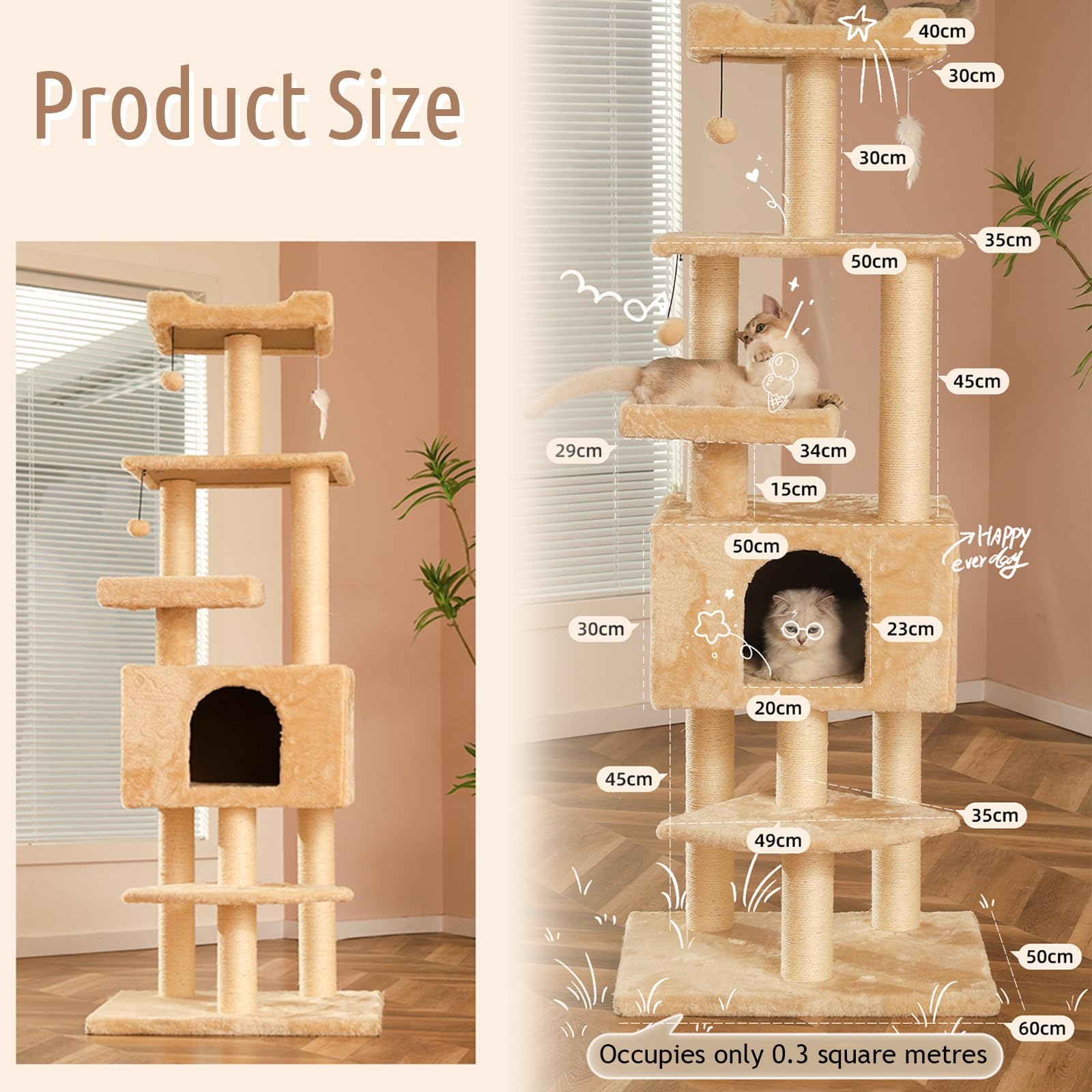Tiragraffi per Gatti Adulti, Albero per Gatti Alto 160Cm, Tiragraffi Gatto Stabile Multilivello, Alberi per attività per Gatti con Pali in Sisal Casetta per Gatti Pompon in Peluche