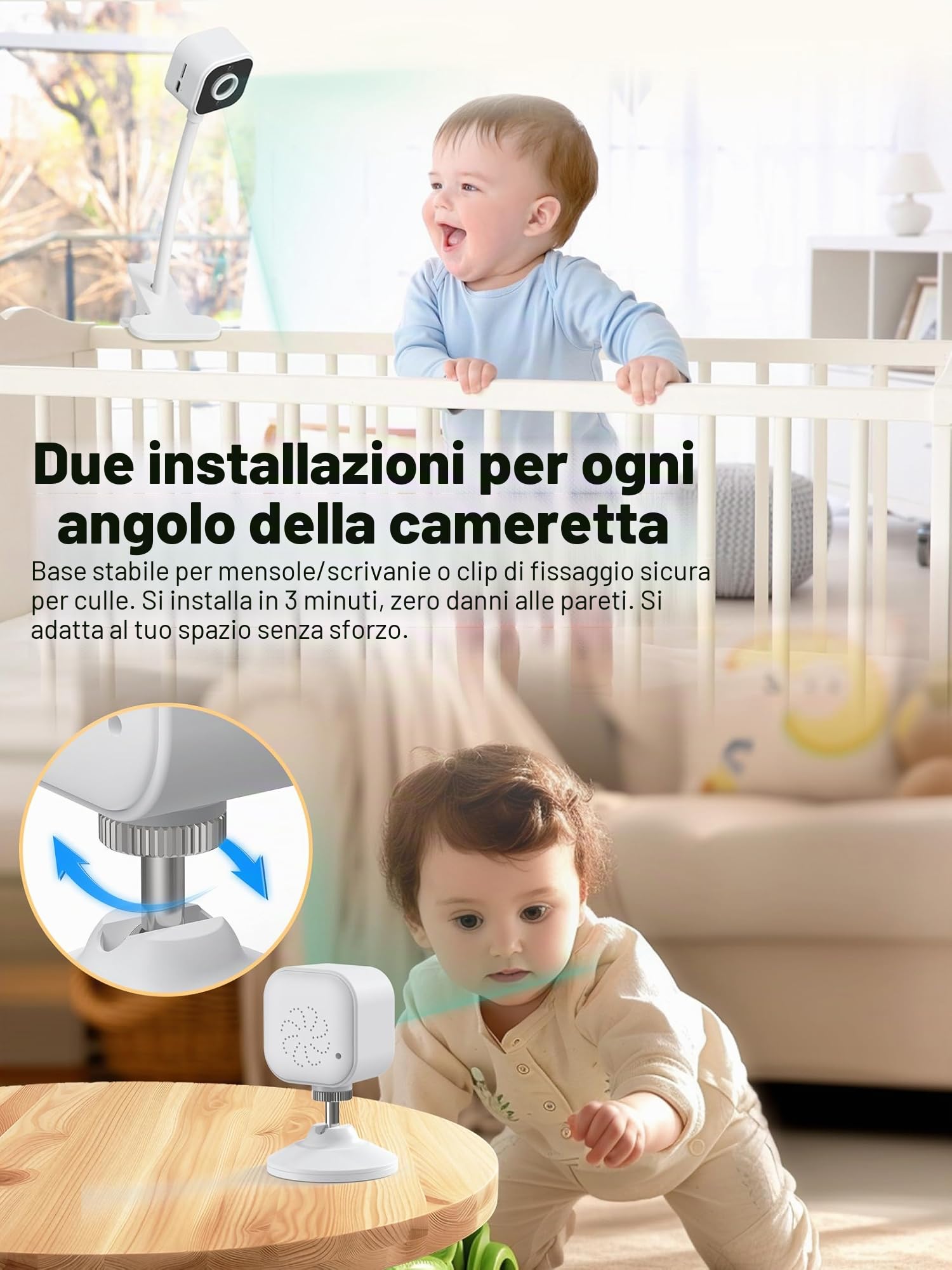 Babyphone Camera con Clip e Supporto per Letto, 1080P Camera Bebe Monitoraggio senza WiFi, Visione Notturna, Audio Bidirezionale, Rilevamento Pianto, Scheda 32G, Facile da installare, Regalo Nascita