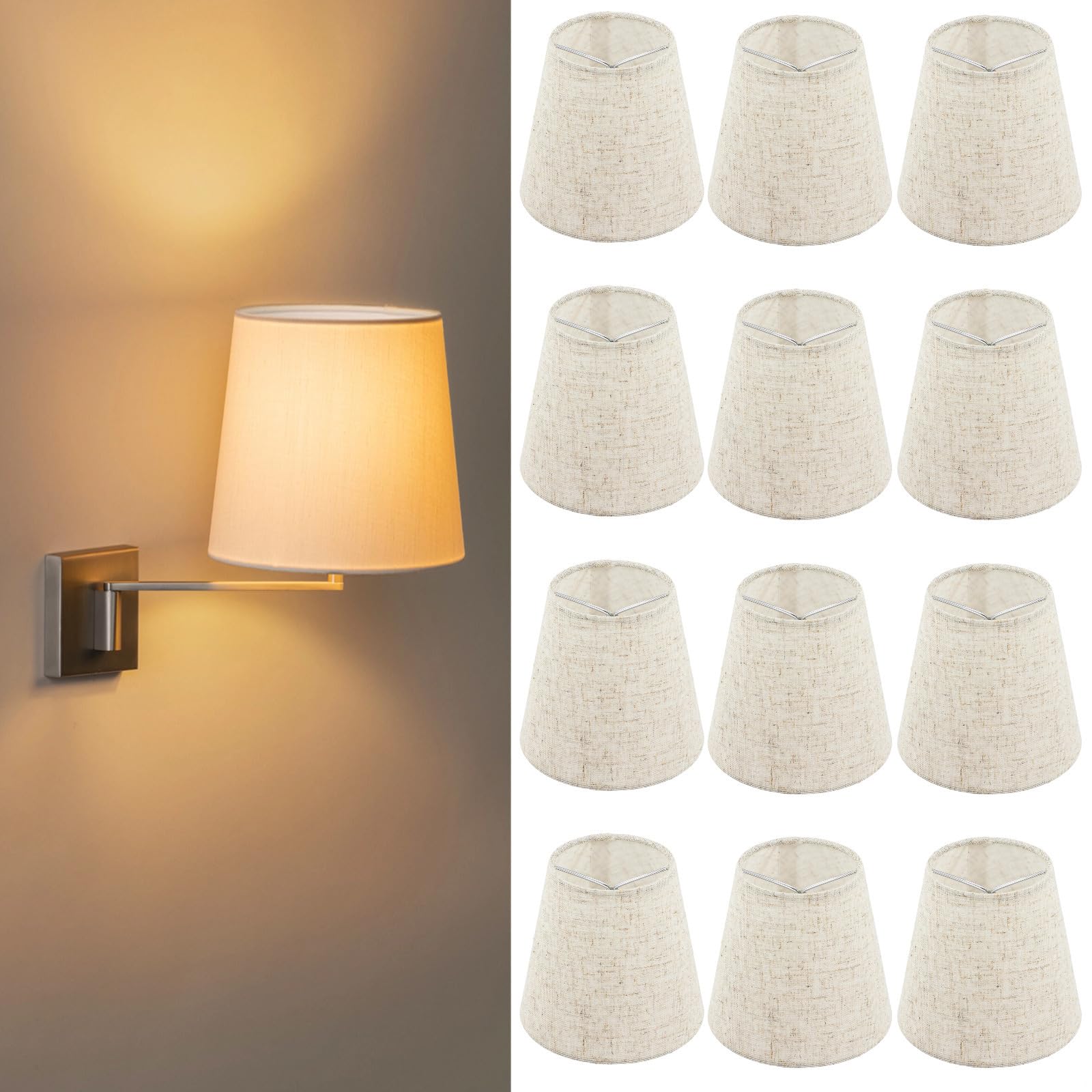 12 Pcs Fabric Lamp Shade, Traditional Chandelier Candle Bulb Lampshade with Clip-on, Elegant Linen Fabric Lampshade, 3.5 in Top x 5.1 in Slant Height x 5.5 in Bottom