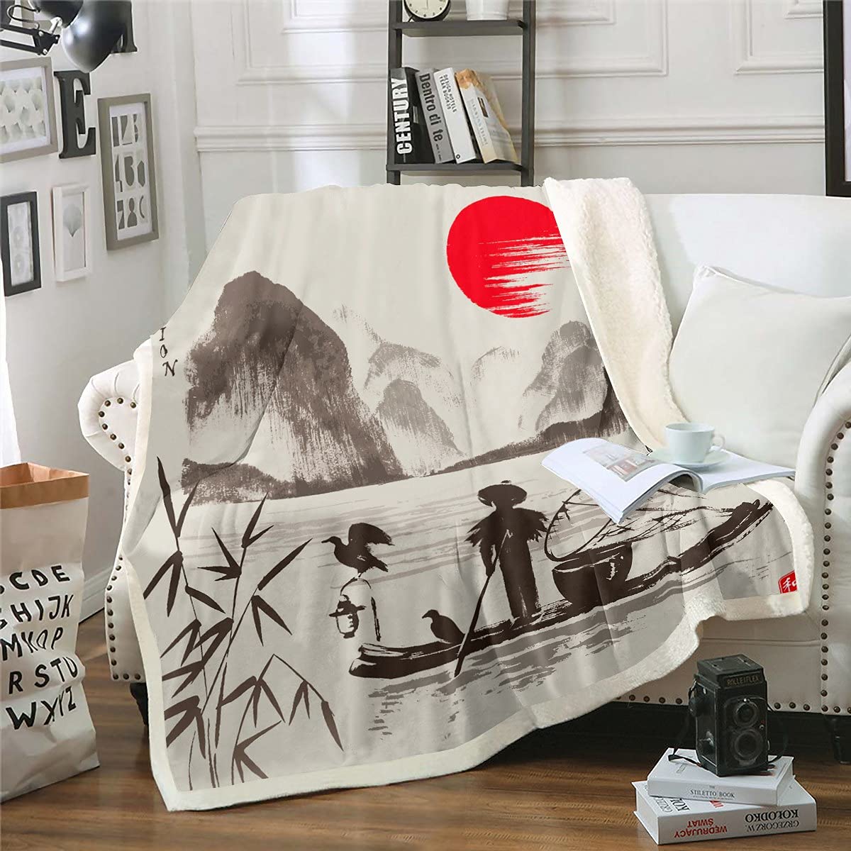 Couverture Sherpa style chinois haut de gamme, imprimé artistique encre