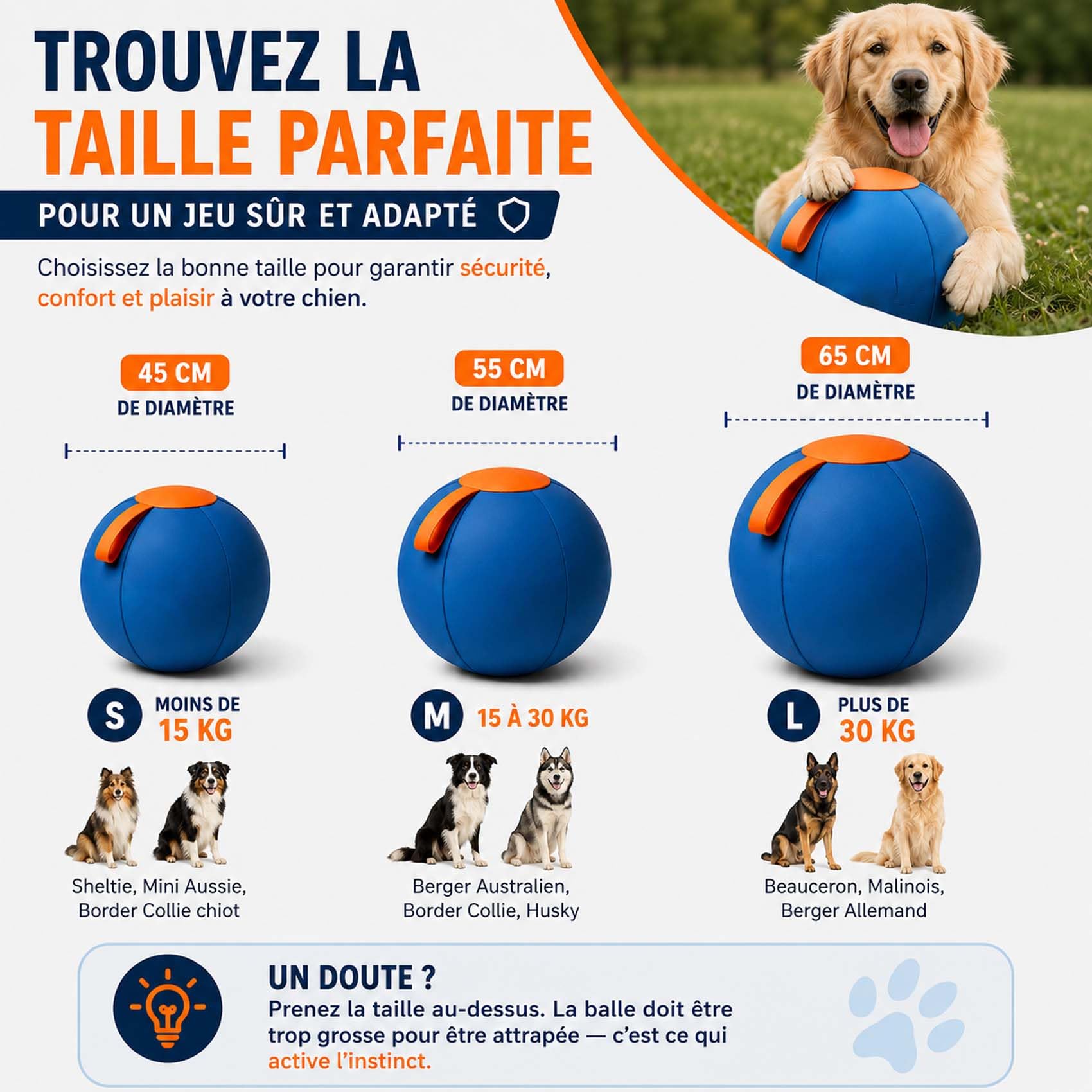 Leyof Giant Herding Ball for Hunde, Aufblasbarer Treibball mit Griff, Reißfestes Hundespielzeug für Training & Bewegung, Inkl. Pumpe, Für Große und Mittelgroße Hunde (Blau-Orange,65 cm)