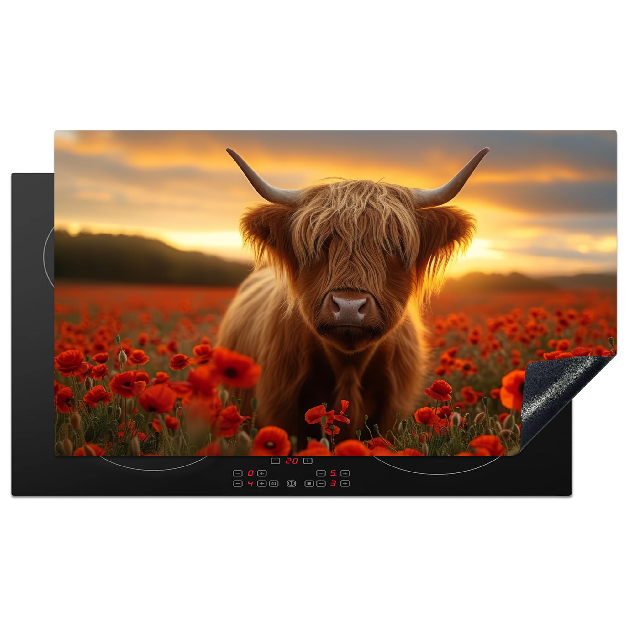 KitchenYeah© Induction Hob Protector Mat 20.8"x36" / 91.6x52.7 cm Cooker Top Protectors Cover Ceramic Covers Electric Hobs Vinyl Highlander - Roses - Field of Flowers - Sunset