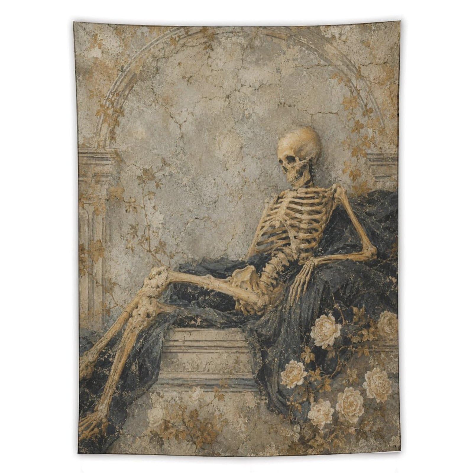 H3B8U2Y5 Skeleton Reclining Wall Tapestry, Gothic Oil Style, College Dorm