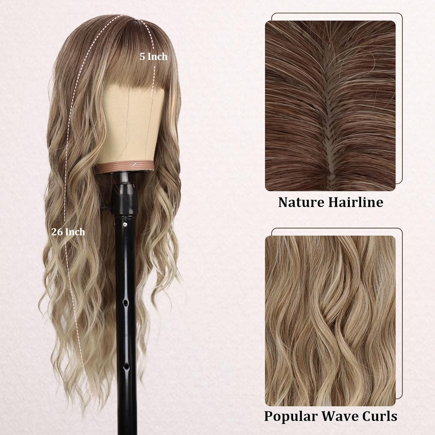 PORSMEER Long Wavy Curly Ombre Blonde Wig with Fringe for Women Natural Synthetic Hair Heat Resistant Wigs for Ladies Daily or Party Cosplay Wear-26 Inches - Image 4
