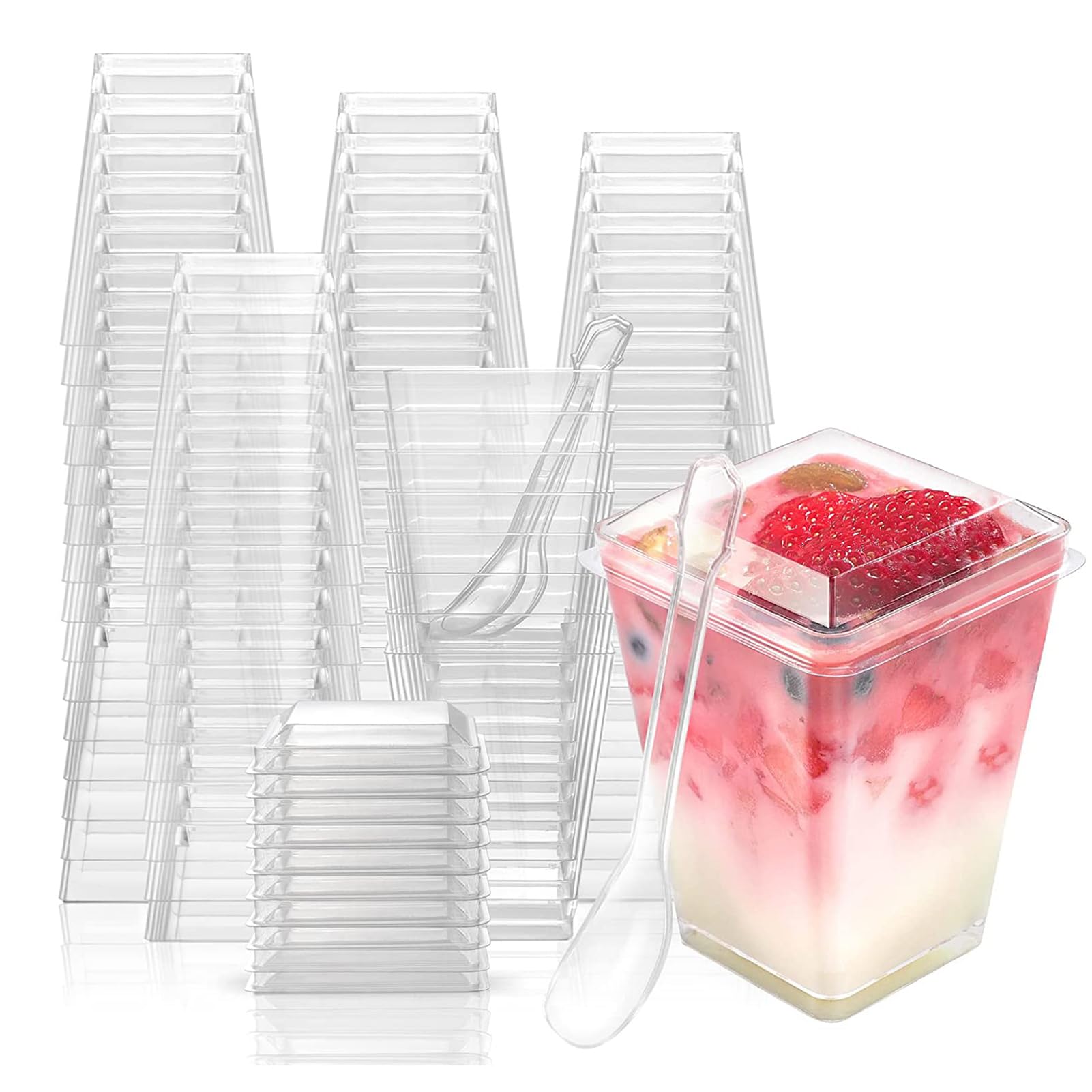 Hikrxya 150ml Reusable Mini Dessert Cups with Lids and Spoons, 50 Pack Clear Square Reusable Plastic Dessert Cups, Cheesecake Pots, Multi-use Serving Dessert Bowls for Party Supplies