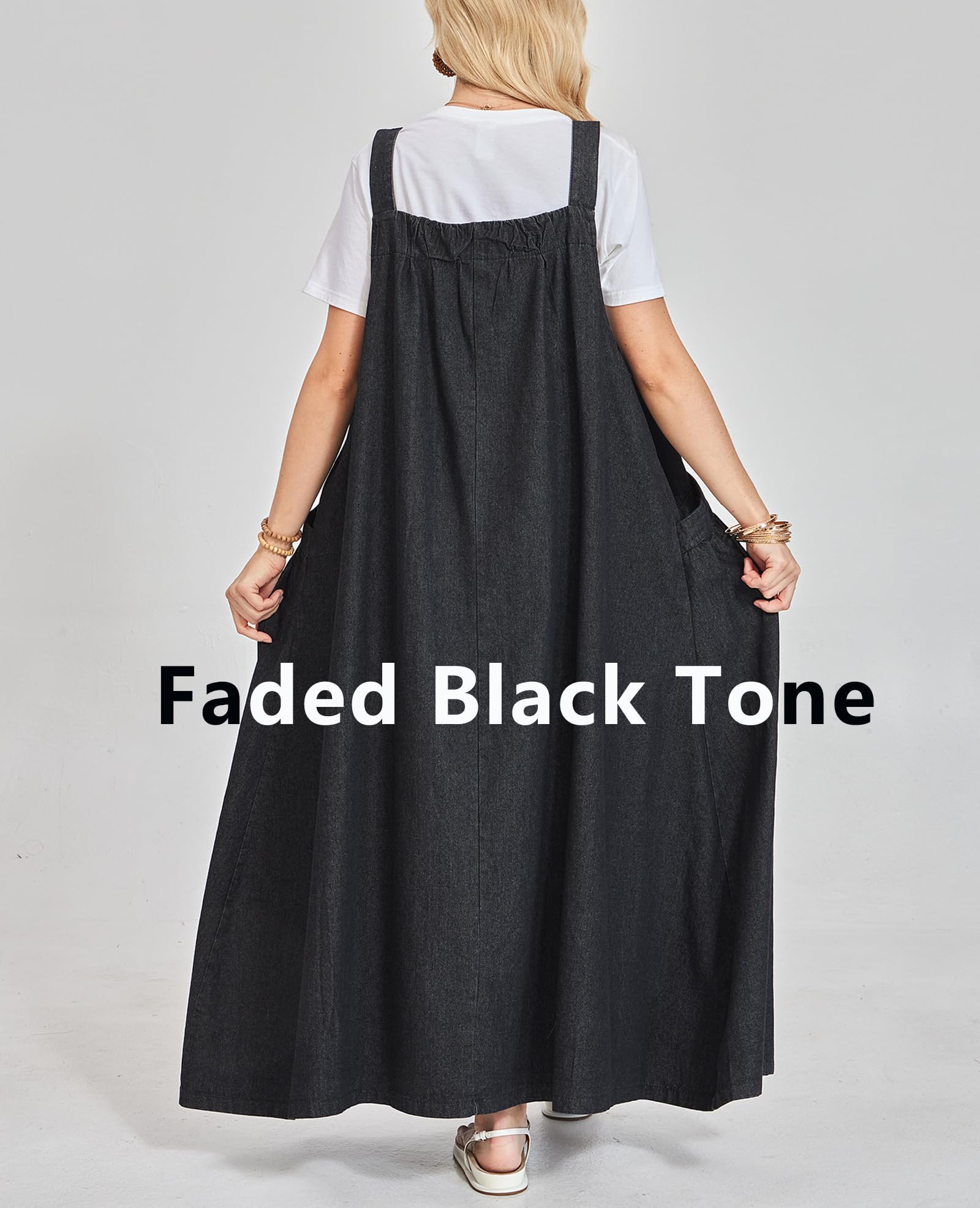 Vestido de mezclilla ancho para mujer, longitud máxima, tirantes ajustables, dobladillo ancho