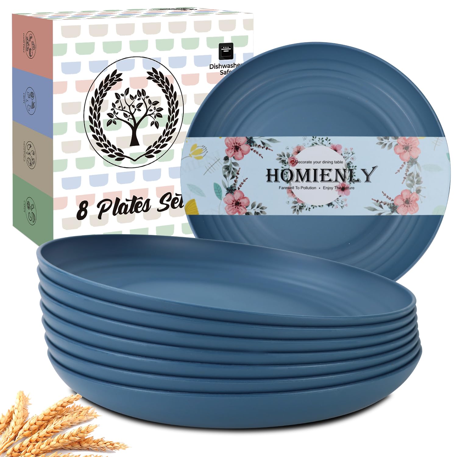 Homienly Dinner Plates Set, Alternative to Plastic Plates,Wheat Straw Plate Set of 8,Lightweight Microwave and Dishwasher Safe Plate,Unbreakable Salad Plates for Kitchen, Camping (Blue,10 inch)