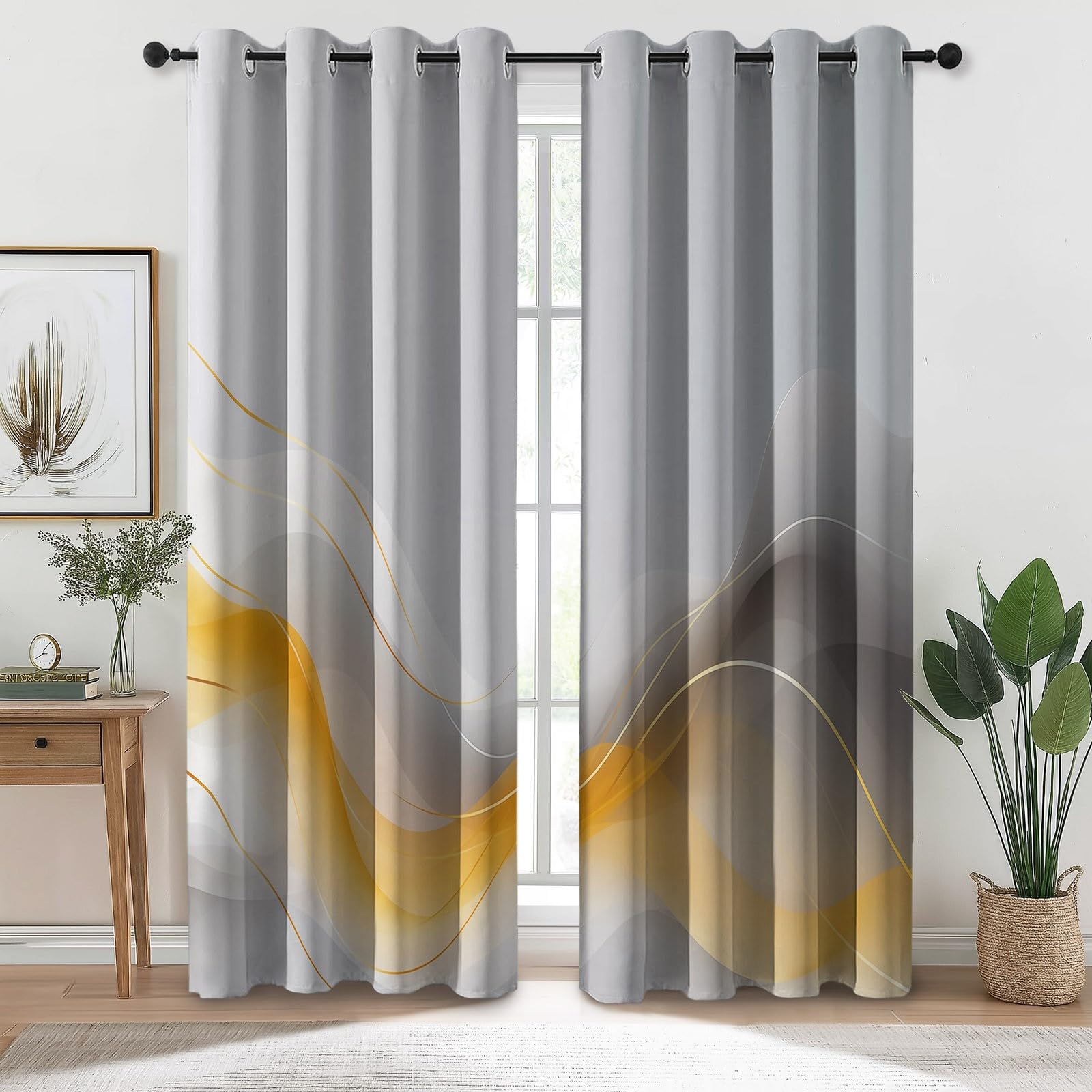 Rideaux Isolants 110L X 215H cm (2 Panneaux), Design Géométrie Simple Ondes Tenture Opaque Anti-Chaleur pour Chambre Principale, Gris Jaune