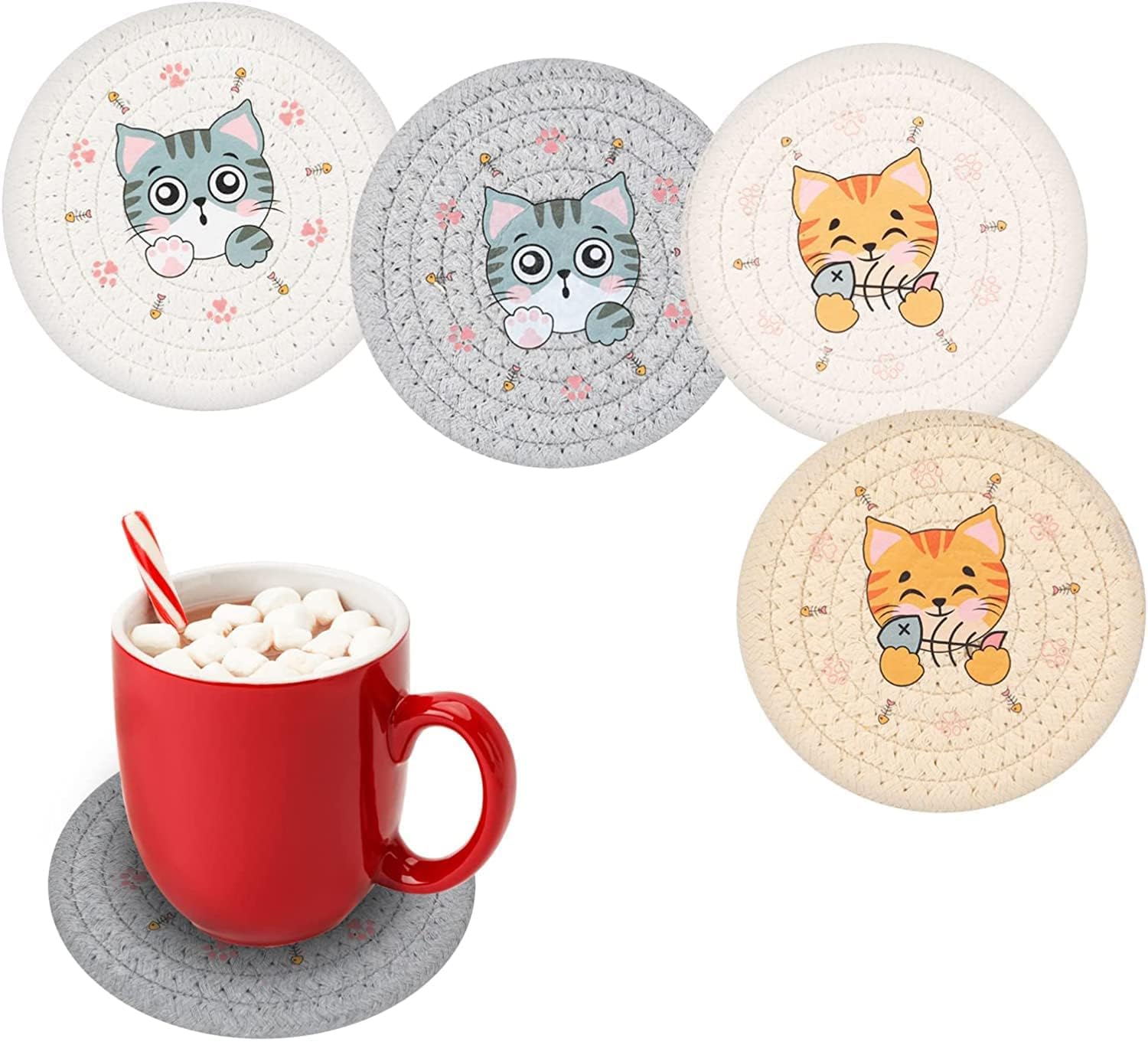 SYOSI Funny Cat Coasters for Drinks Absorbent, 4.7 Inches Cotton Woven Fabric Coasters for Coffee Table Set of 4 Absorb Condensation Bar Dining Desk Decor